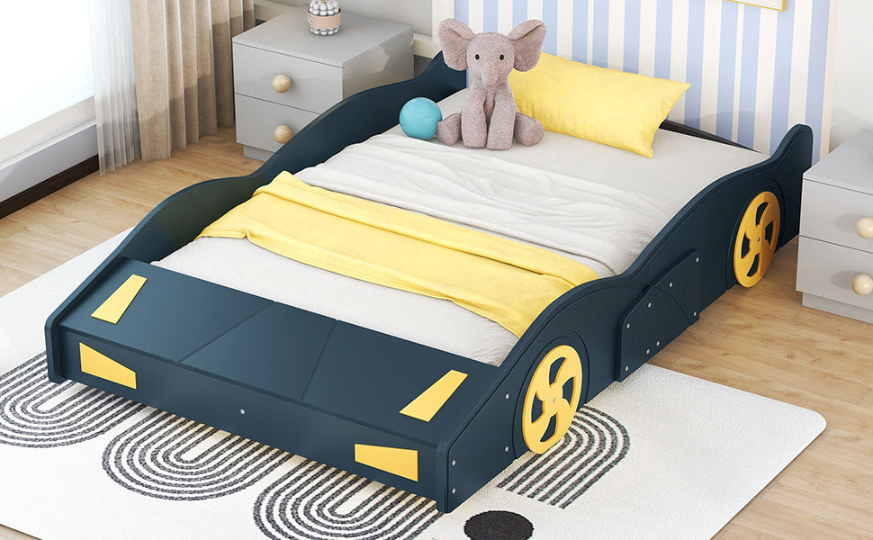 Full Size Race Car-Shaped Platform Bed with Wheels and Storage, Dark Blue+Yellow