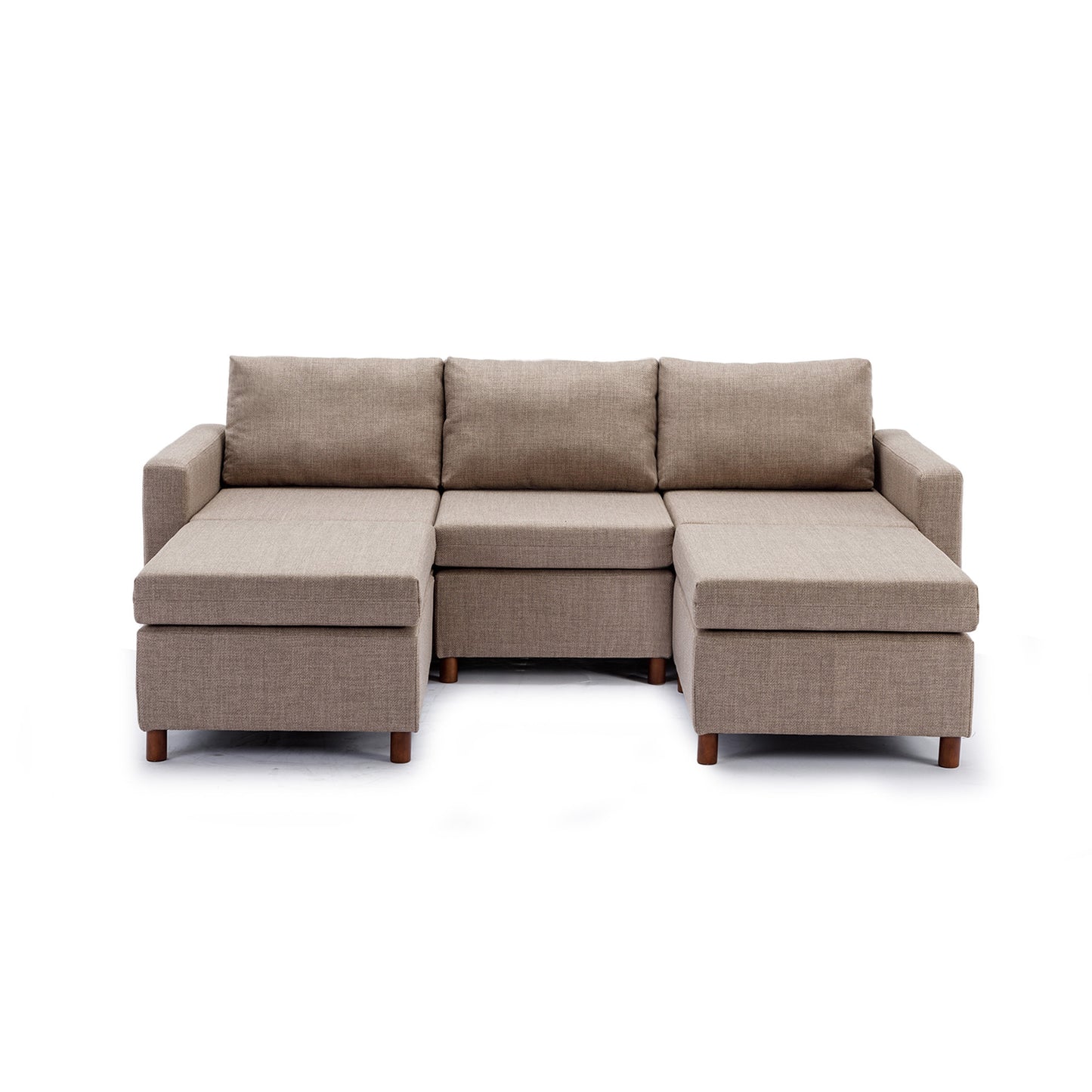 Brown Linen Sectional Sofa with Ottoman Set for Living Room, Non-Removable Seat and Back Cushions, Modern Design