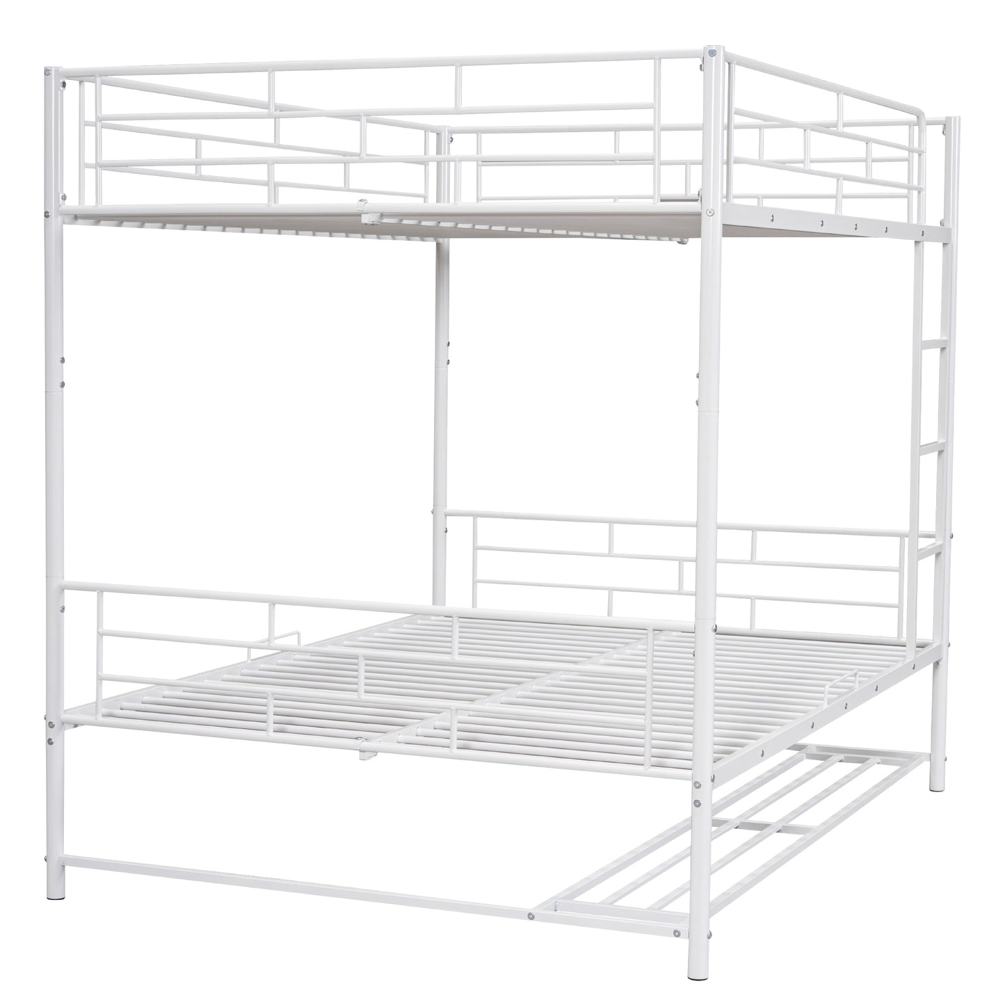 Full Metal Bunk Bed with Shelf and Guardrails in White, Full Over Full