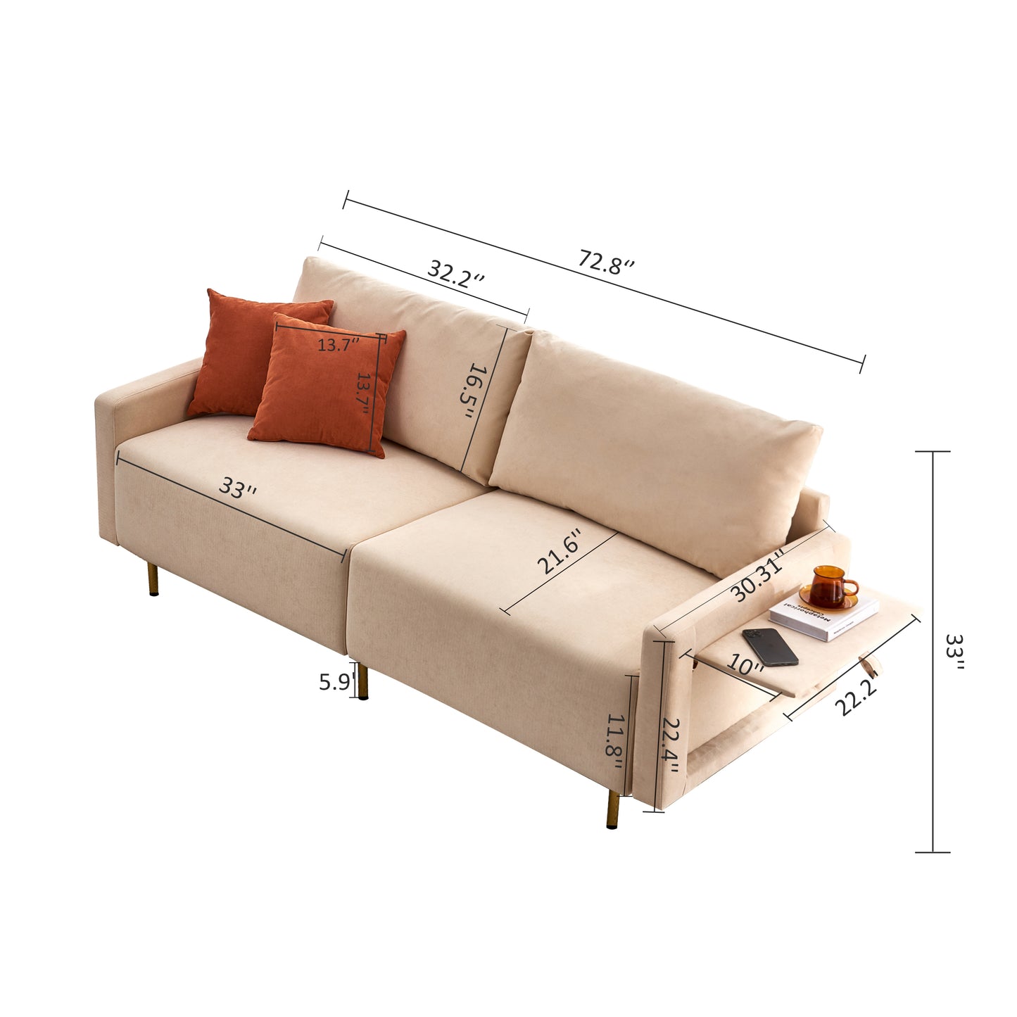 72.8 Beige Linen Sofa with Adjustable Arm Table Tray and Tool-Free Assembly