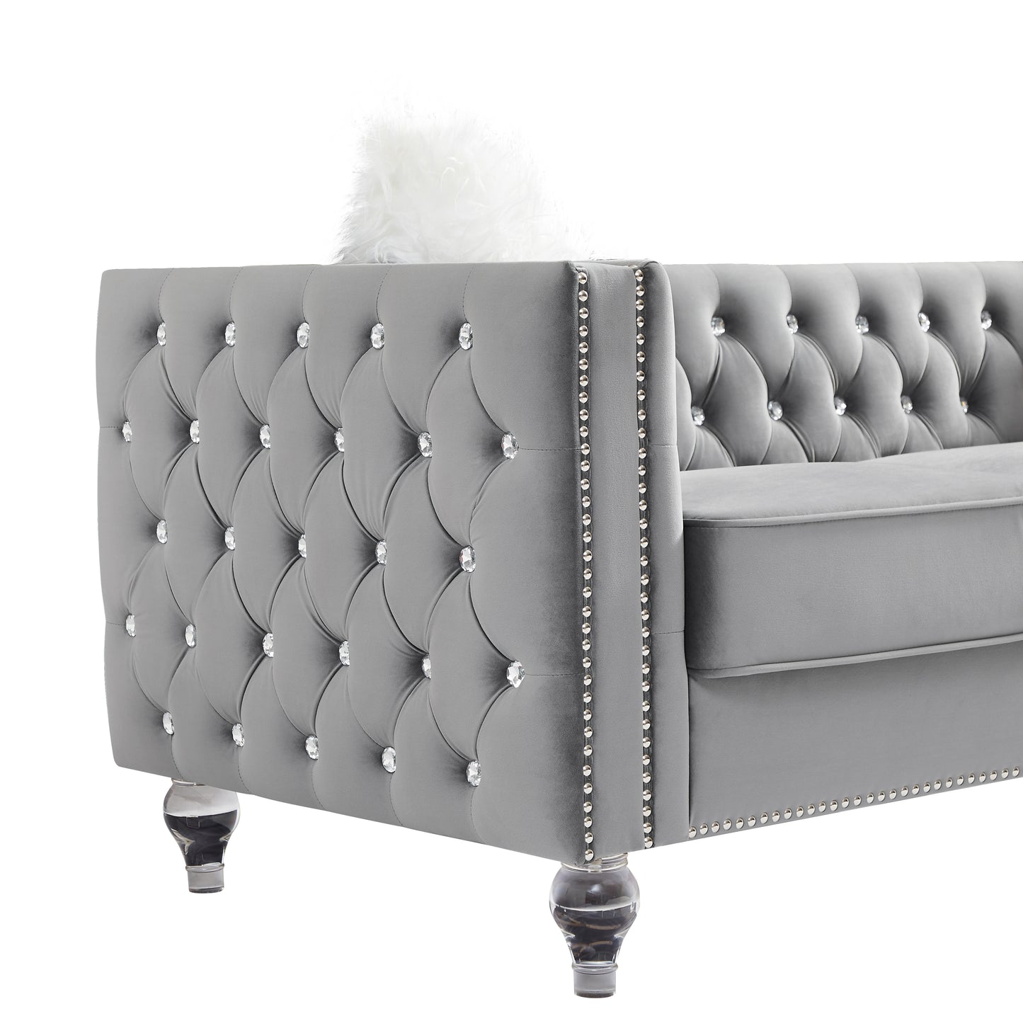 2066 Gray Chesterfield Sofa with Crystal Accents and Plush Throw Pillows