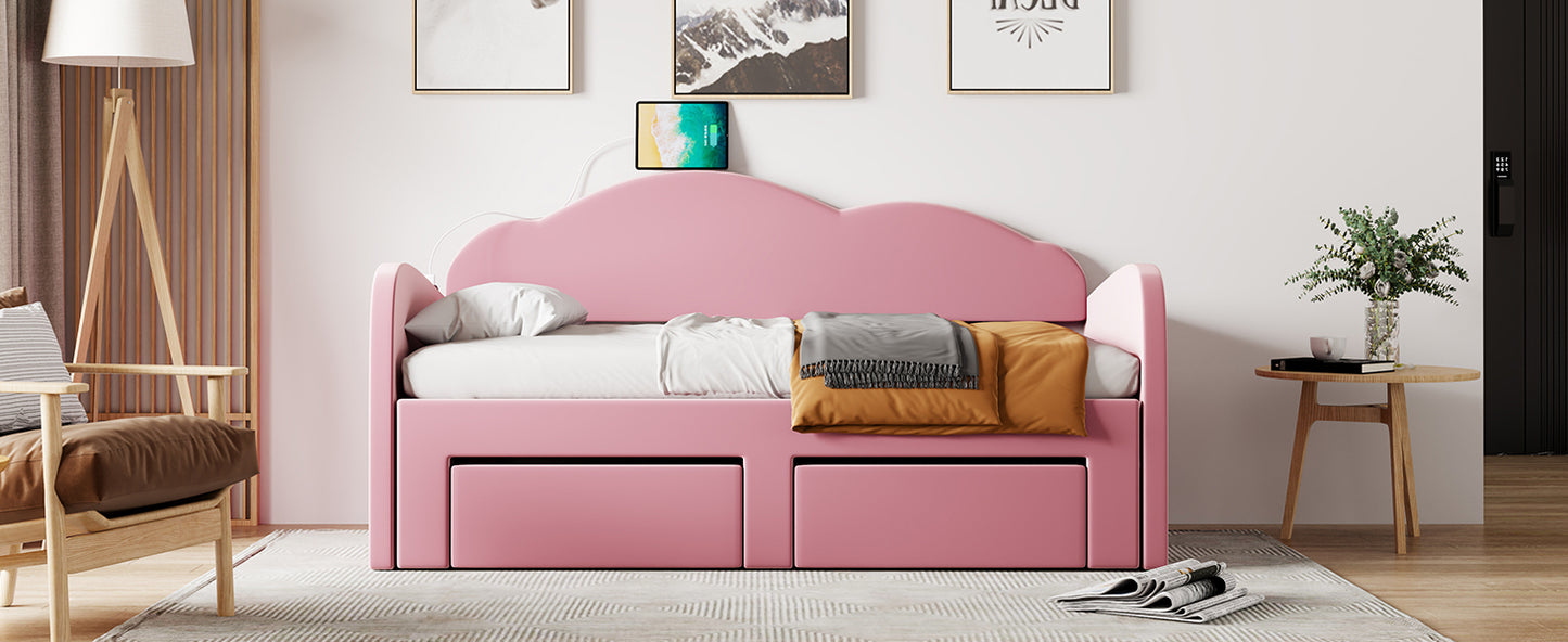 Twin Size Upholstered daybed with Cloud-Shaped Backrest, Trundle & 2 Drawers and USB Ports, Pink