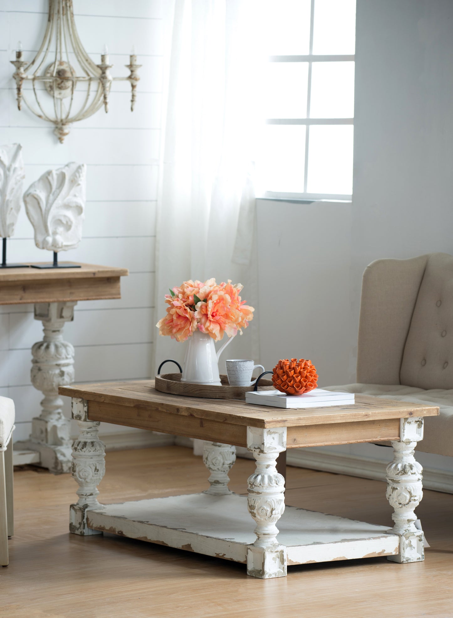 French Country Wooden Coffee Table with Ornate Legs and Storage Shelf