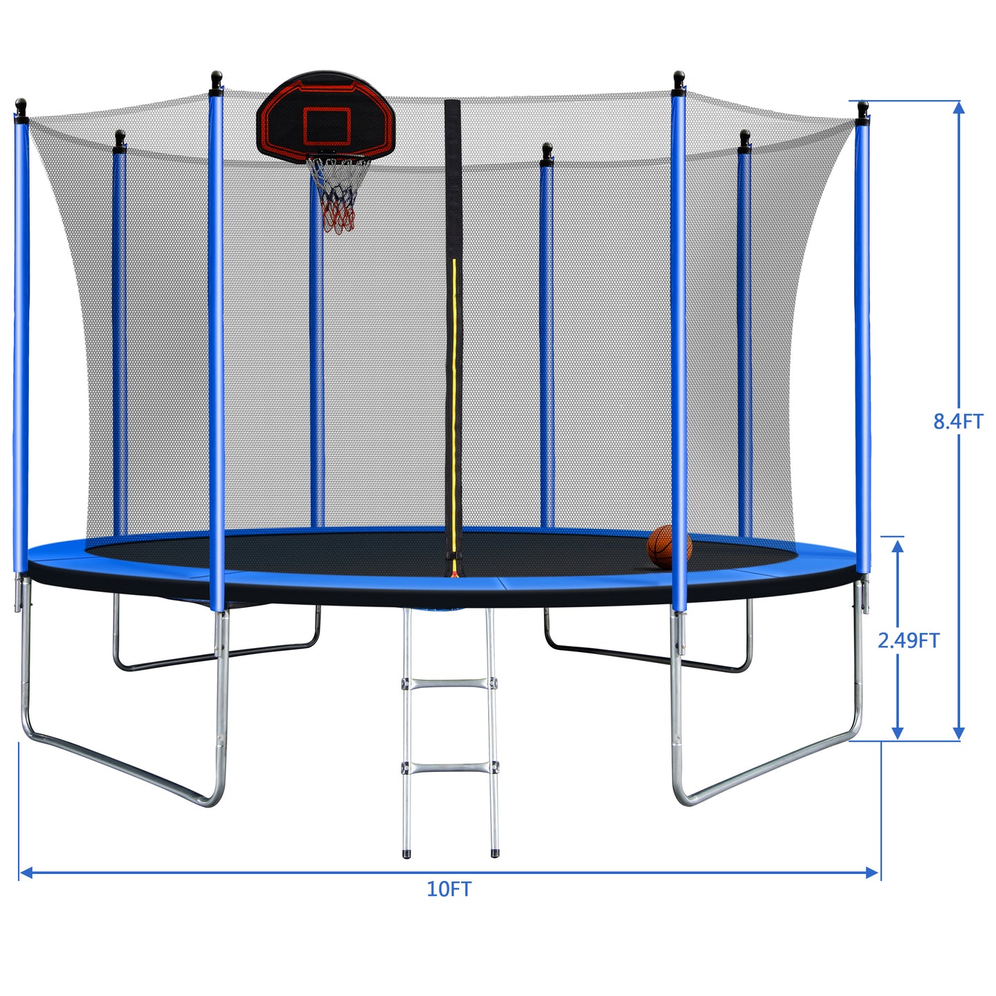 10FT  Trampoline with Basketball Hoop Inflator and Ladder(Inner Safety Enclosure) Blue