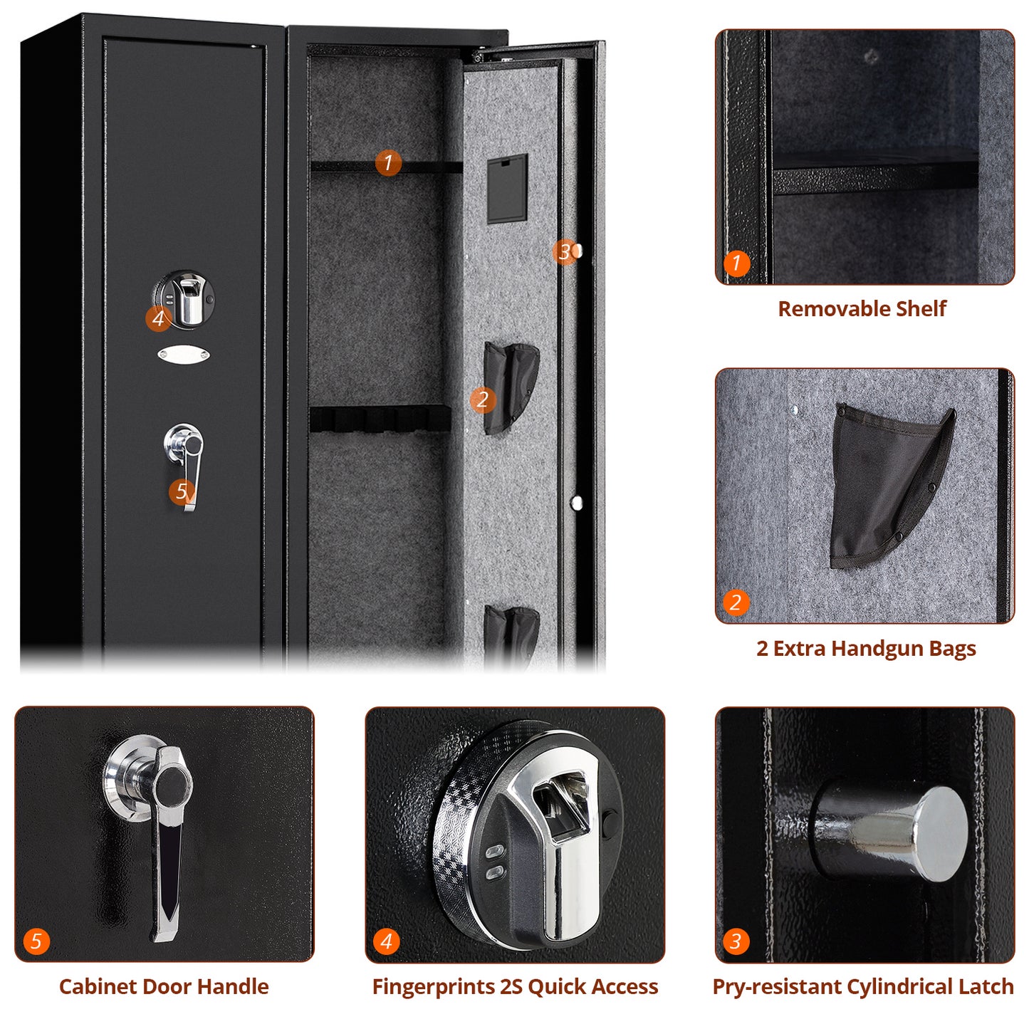 Secure Steel Gun Safe with Fingerprint Unlock - Storage for 4 Firearms