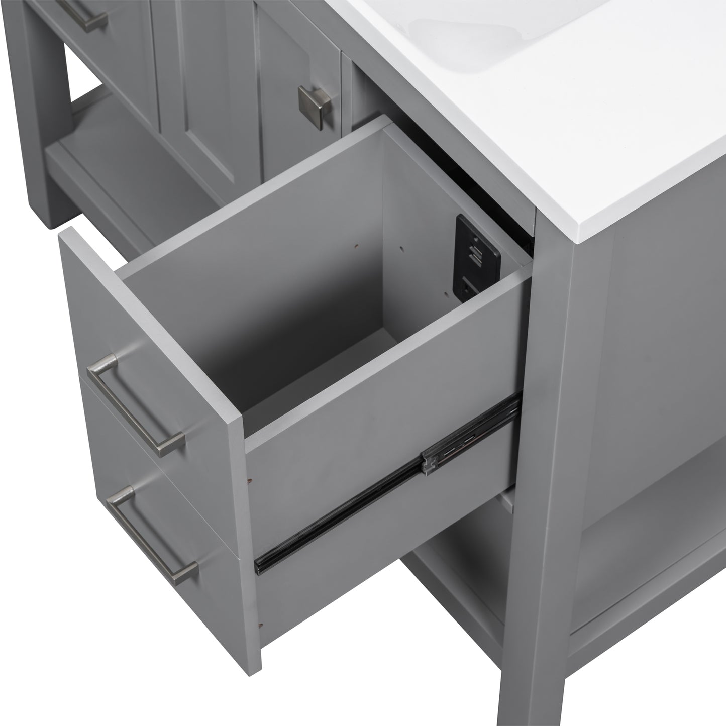 36" Gray Modern Bathroom Vanity with USB,Two Shallow Drawers, One Deep Drawer,One door,Single Resin Sink,Small Bathroom Organization Cabinet