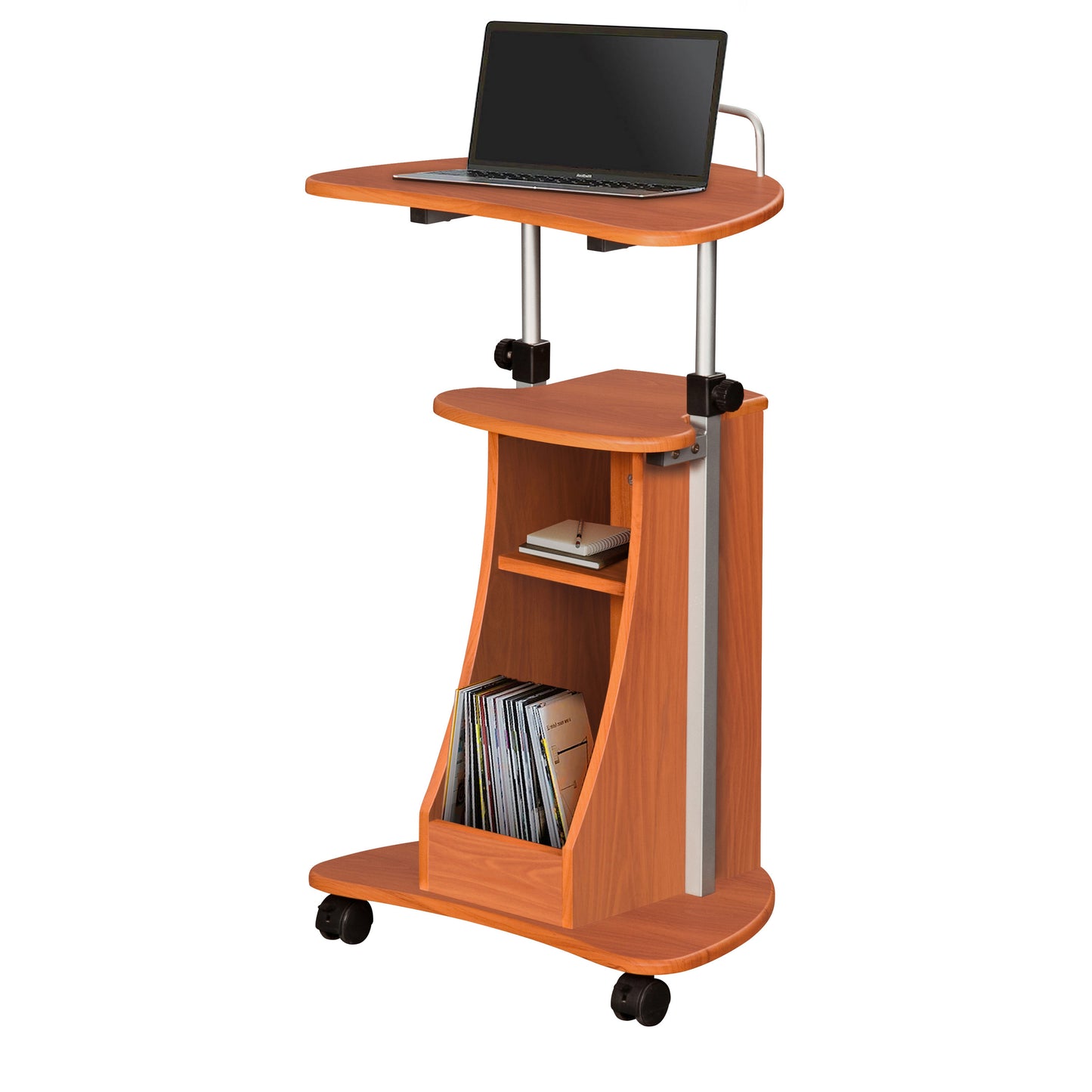 Adjustable Height Laptop Cart With Woodgrain Finish and Storage Stand