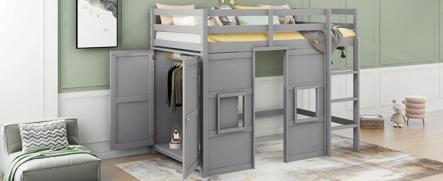 Wood Twin Size Loft Bed with Built-in Storage Wardrobe and 2 Windows, Gray