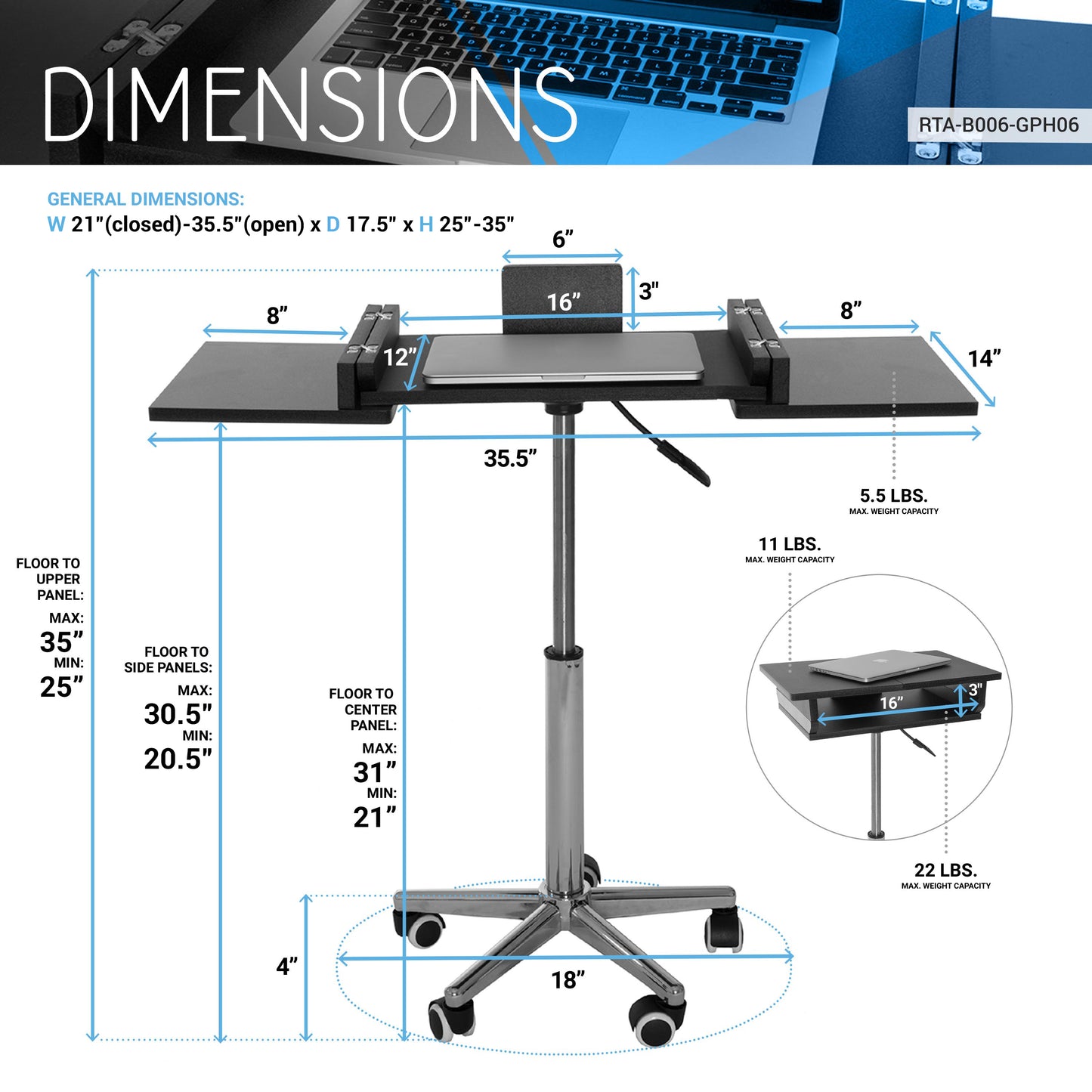 Techni Mobili Adjustable Laptop Cart with Folding Panels, Graphite