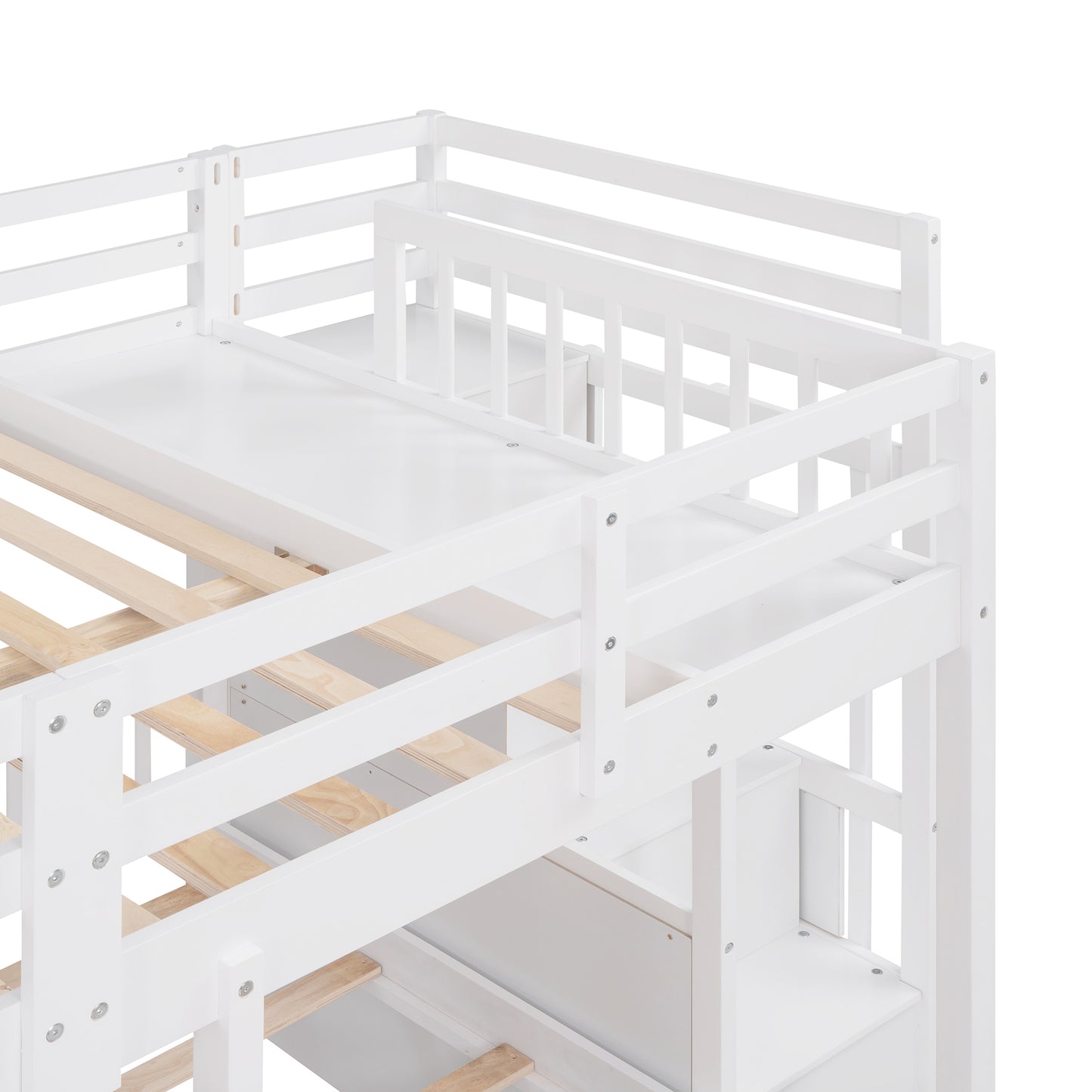 Three-Level Wooden Bunk Bed with Drawers, Full Over Twin & Twin Bunk Bed with Guardrails (White)