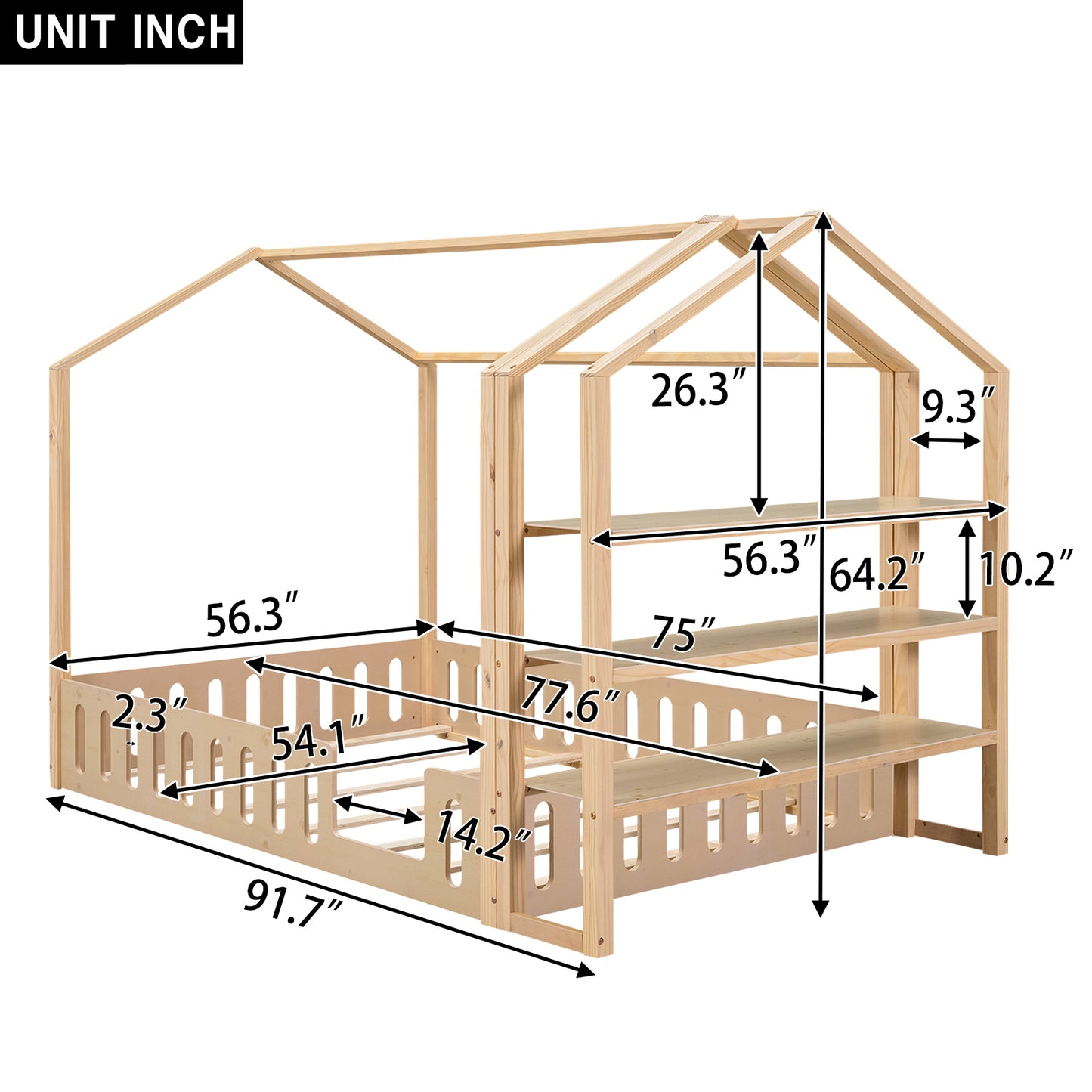 Full Size Wood House Bed with Fence and Detachable Storage Shelves, Natural (Expected Arrival Time: 1.7)