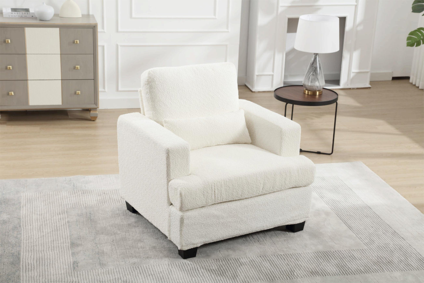 Contemporary 37 Modern Chair with Square Armrest, Removable Back Cushion, and Waist Pillow (White & Gray Fabric)