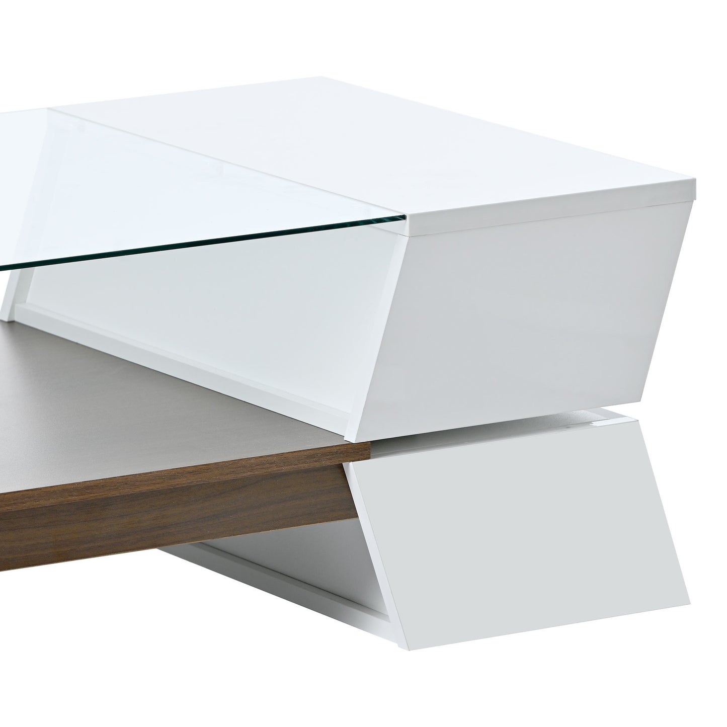 6mm Glass-Top White Coffee Table with Open Shelves and Cabinets