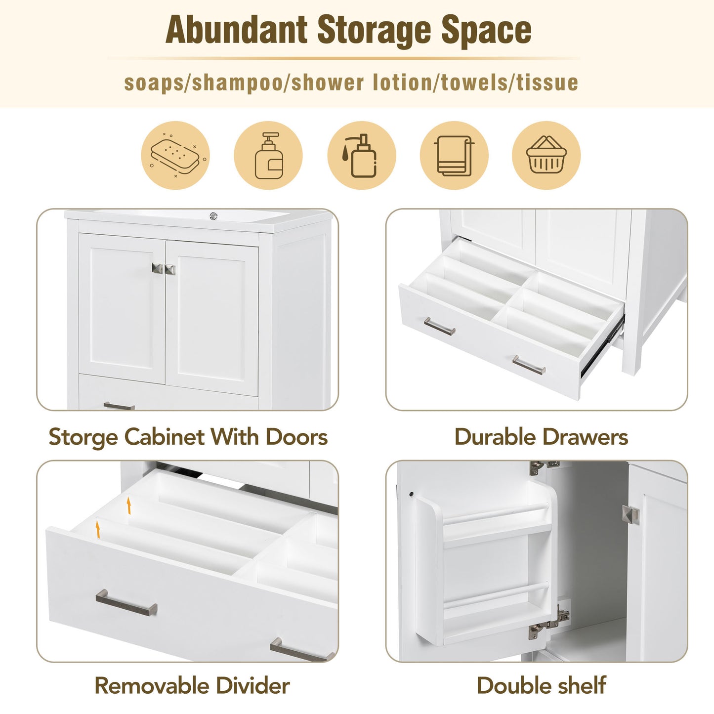 30" White Bathroom Vanity with Single Sink, Combo Cabinet Undermount Sink, Bathroom Storage Cabinet with 2 Doors and a Drawer, Soft Closing, Multifunctional Storage, Solid Wood Frame