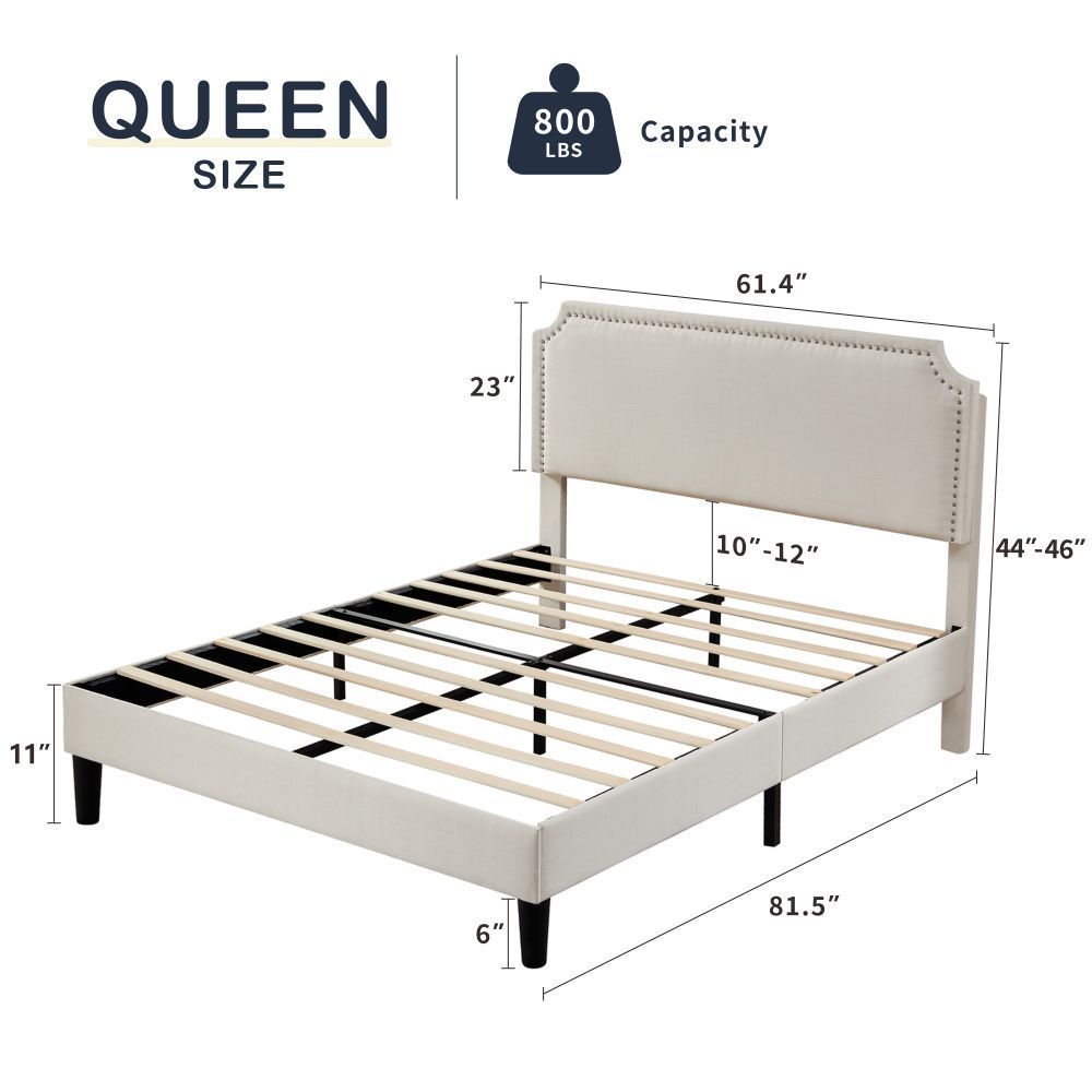 Queen Size Platform Bed with Upholstered Headboard and Slat Support, Heavy Duty Mattress Foundation, No Box Spring Required, Easy to Assemble,Beige