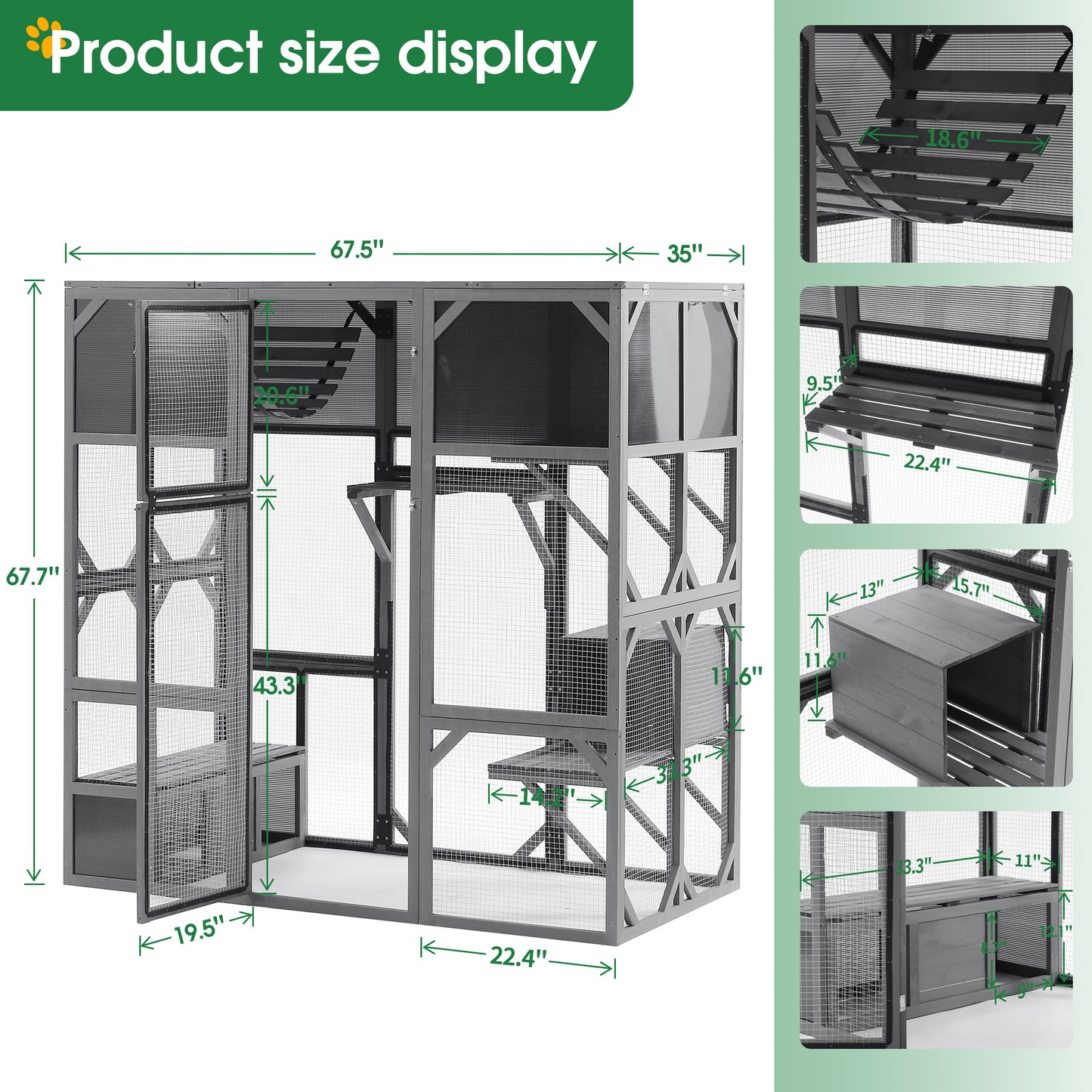 Outdoor Wooden Cat House Catio Enclosure with Super Large Enter Door Cat Kennel with Bouncy Bridge, Platforms and Small Houses  Walk in Kitten Cage with Sunshine Board - L67.5'', Dark Grey