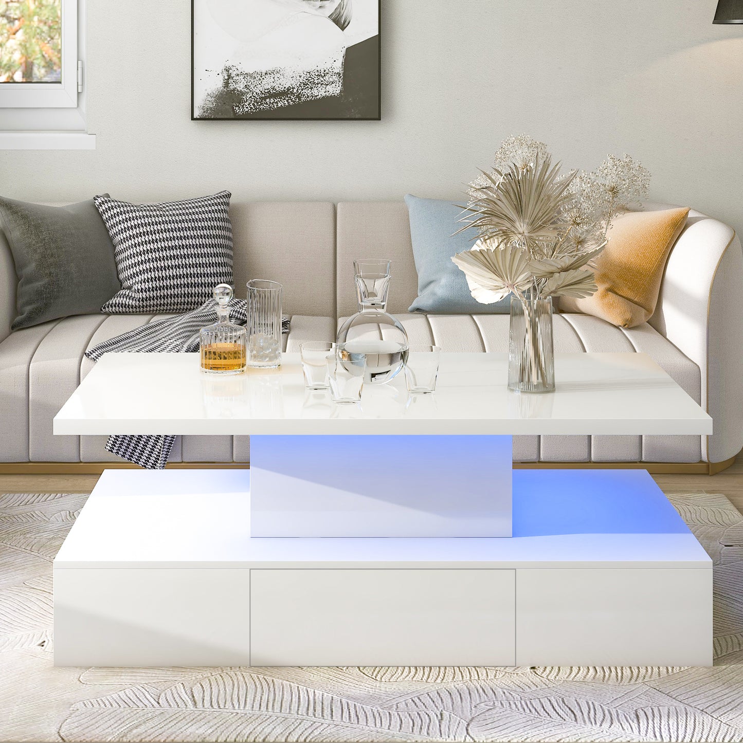 Luxurious White Coffee Table with LED Lighting and Drawer