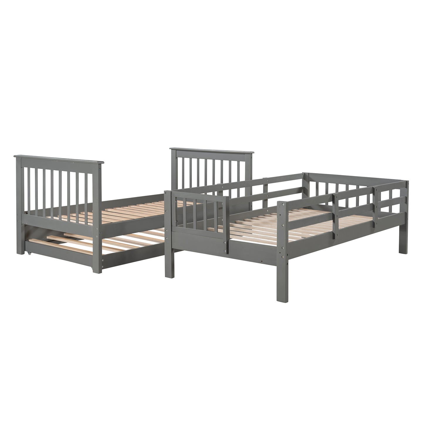 Stairway Twin Bunk Bed with Trundle and Storage in Gray Wood for Bedroom, Dorm or Adults