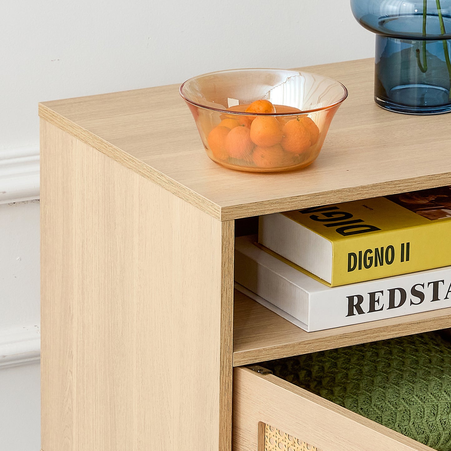 Modern simple storage cabinet MDF Board bedside cabinet Japanese rattan bedside cabinet Small household furniture bedside table.Applicable to dressing table in bedroom, porch, living room.2 Drawers