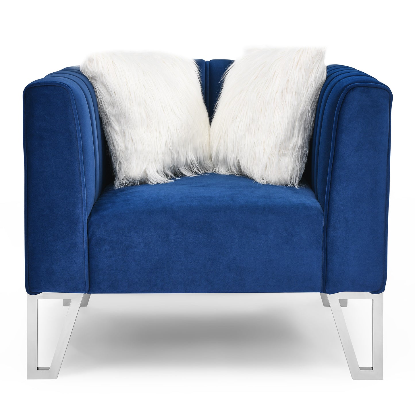 Sofa Chair with Mirrored Side Trim with Faux Diamonds and Stainless Steel Legs, Six White Villose Pillow, Blue (36.5"Lx32.75"Wx29.5"H)