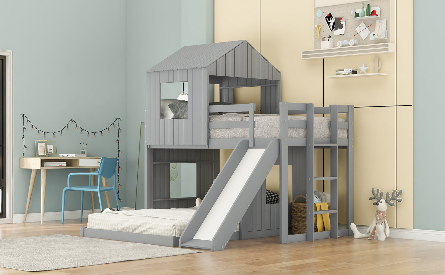 Playhouse Twin Over Full Bunk Bed with Ladder, Slide & Guardrails - Gray Wood, LT000028AAN