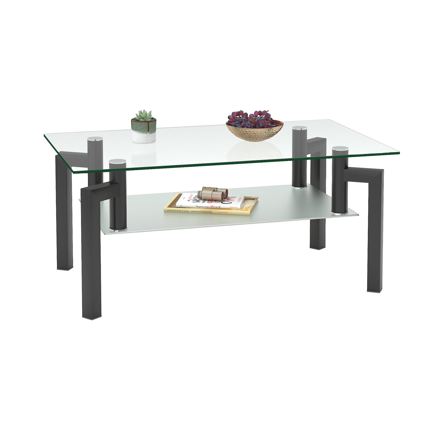 Modern Black Glass Coffee Table with Double Layer Storage