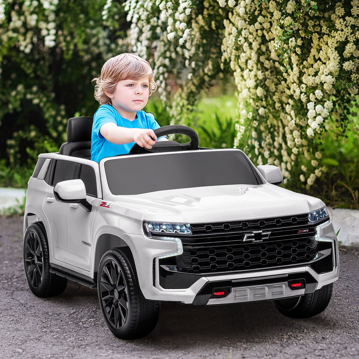 Aosom Chevrolet TAHOE Licensed Kids Ride on Car, 12V Battery Powered Kids Electric Car with Remote Control, Music, Lights, Horn, Suspension for 3-6 Years Old, White