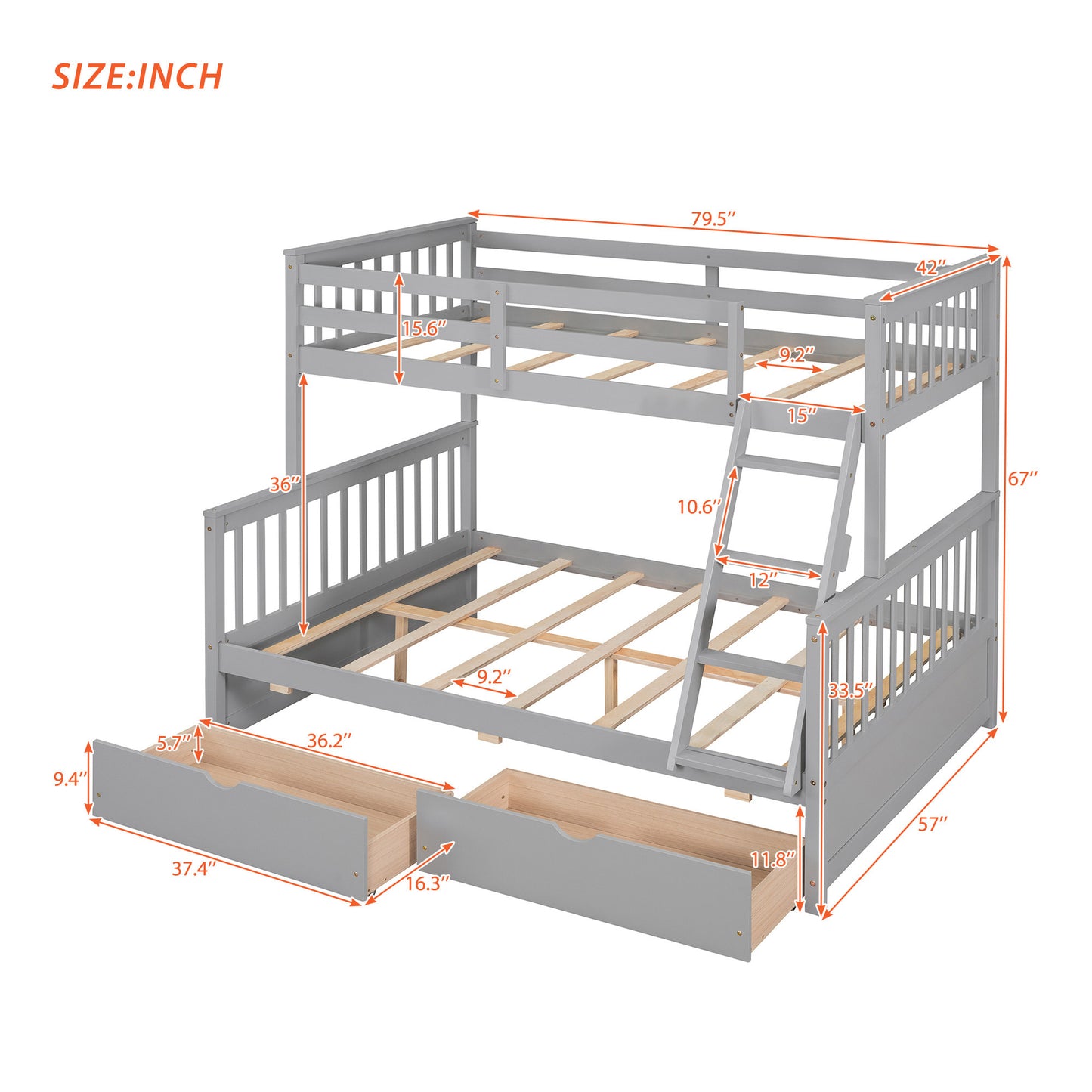 Gray Twin/Full Bunk Bed with Ladders and Storage Drawers