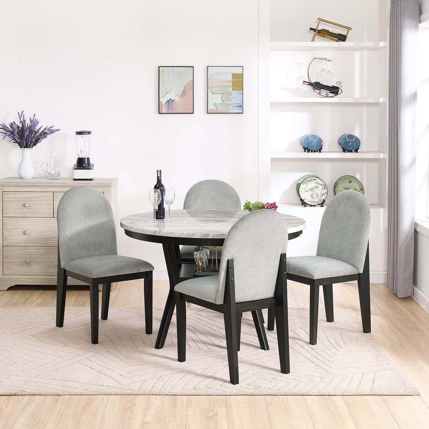 5 piece dining table and chair set, round dining table with 4 upholstered chairs, dining table set with storage