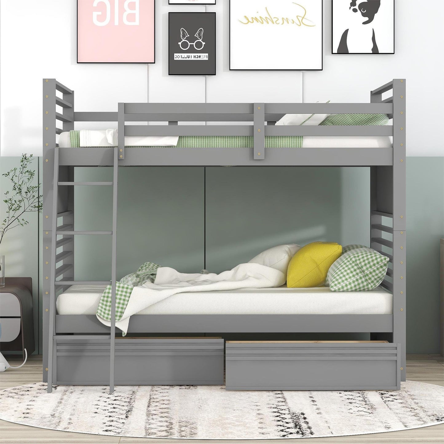 Gray Twin Bunk Bed with Storage Drawers for Stylish Sleepovers