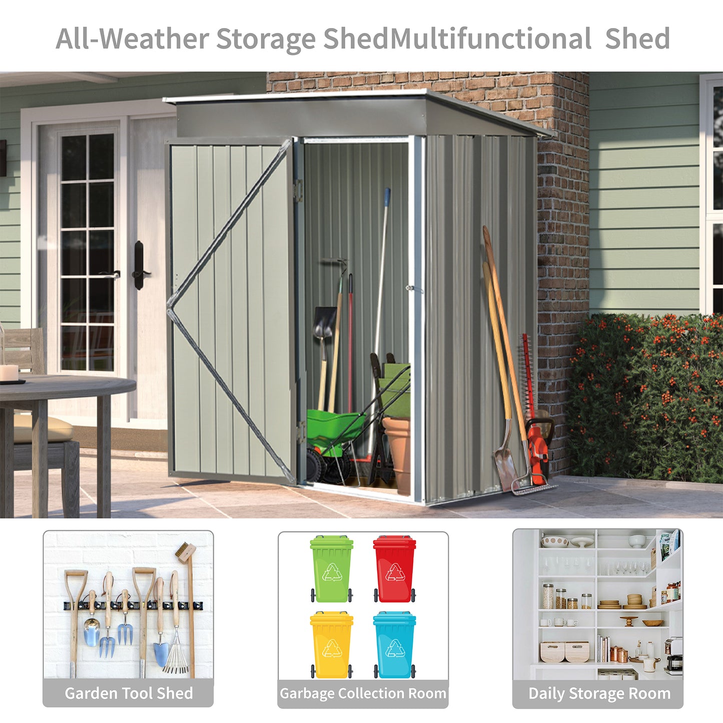 Patio 5ft Wx3ft. L Garden Shed, Metal Lean-to Storage Shed with Lockable Door, Tool Cabinet for Backyard, Lawn, Garden, Gray