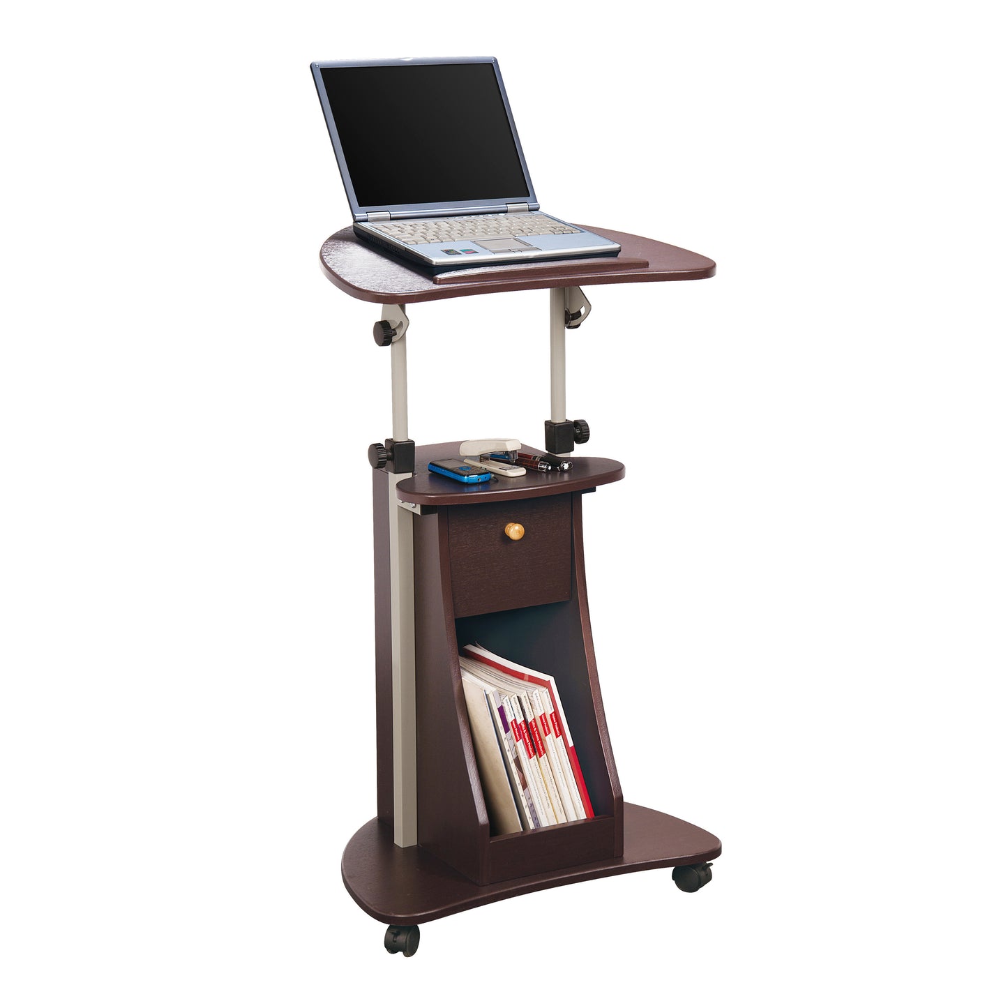 Sit-to-Stand Laptop Cart with Adjustable Height and Storage in Chocolate Finish