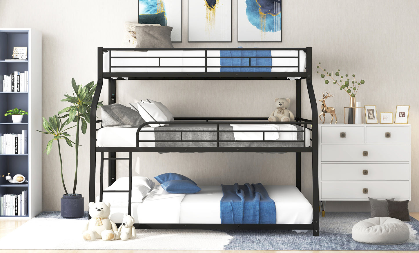 Modern Black Metal Triple Bunk Bed with Multiple Size Options and Innovative Safety Features