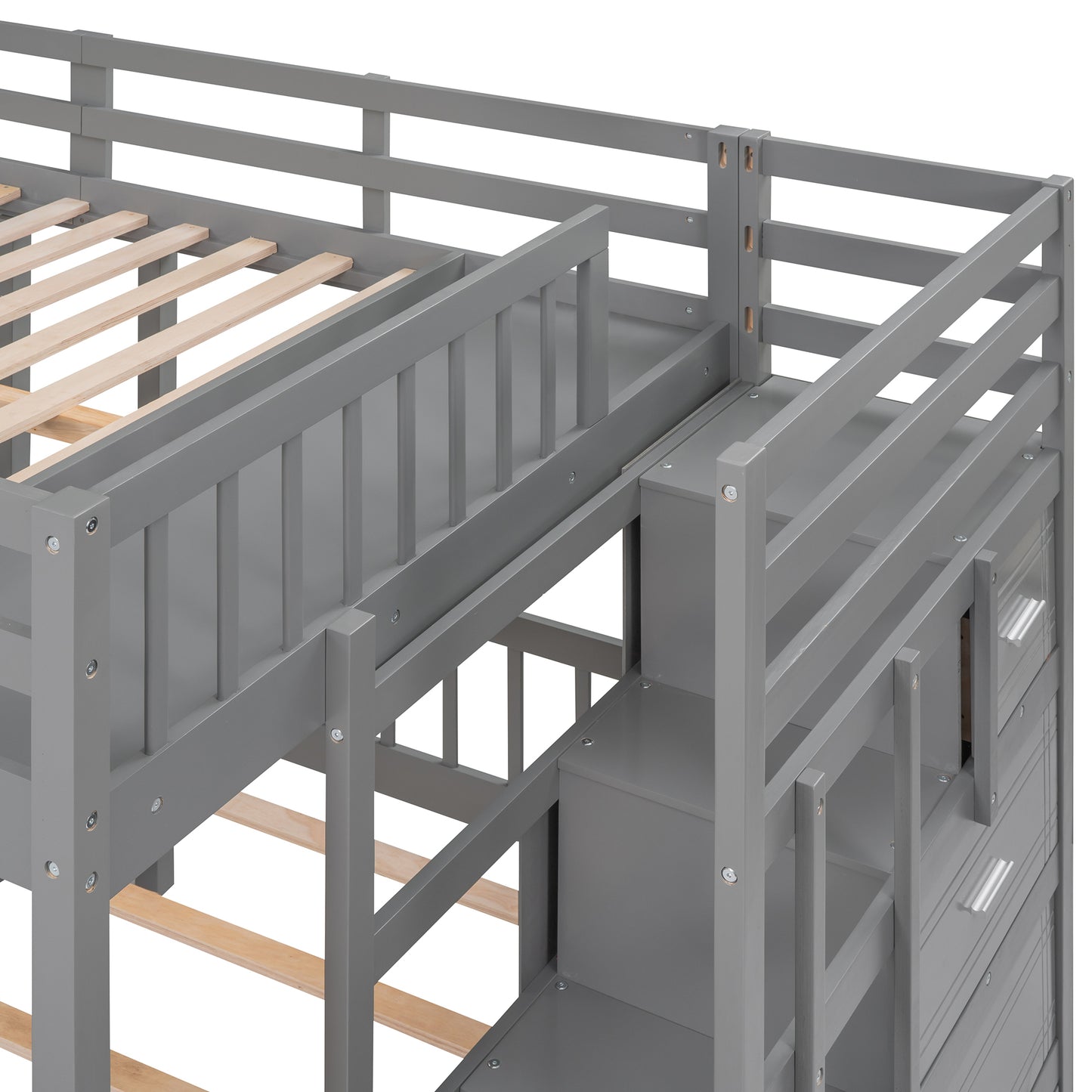 Triple Bunk Bed with Storage Drawers - Space-Saving Gray Design