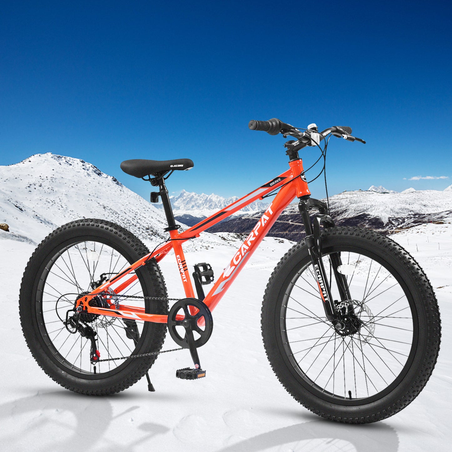 S24109 Elecony 24 Inch Fat Tire Bike Adult/Youth Full Shimano 7 Speeds Mountain Bike, Dual Disc Brake, High-Carbon Steel Frame, Front Suspension, Mountain Trail Bike, Urban Commuter City Bicycle