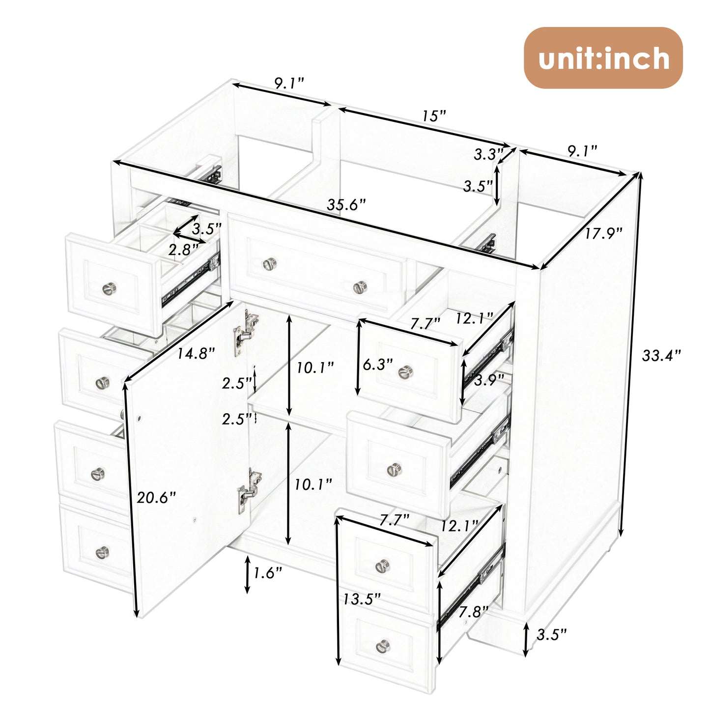 36" Bathroom Vanity without Sink, Cabinet Base Only, One Cabinet and Six Drawers, White