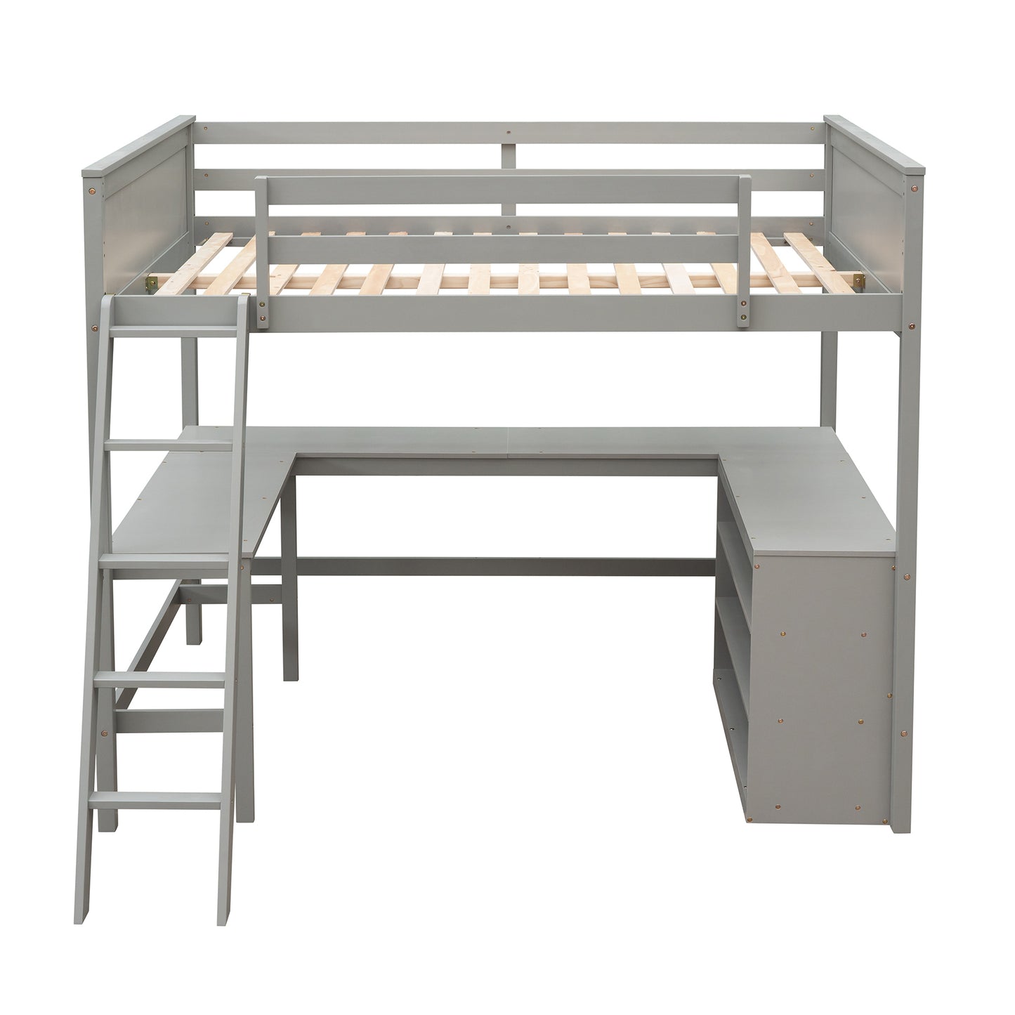 Full size Loft Bed with Shelves and Desk, Wooden Loft Bed with Desk - Gray