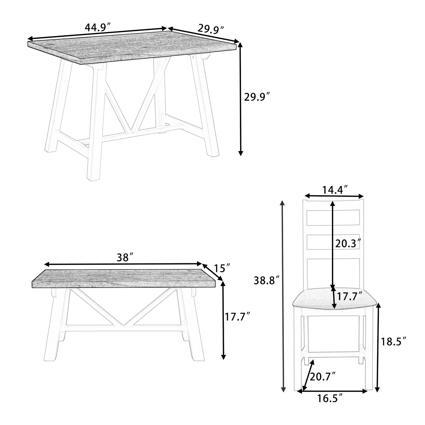 Farmhouse 4-Piece Dining Table Set Solid Wood Kitchen Table Set with Bench for Small Places,Grey+Butter Milk