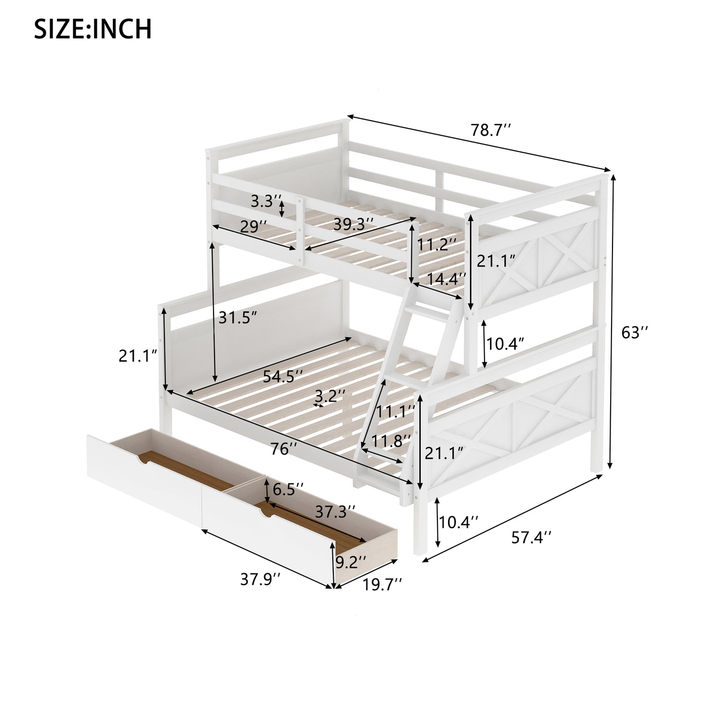 Twin over Full Bunk Bed with Under-Bed Storage Drawers and Safety Features