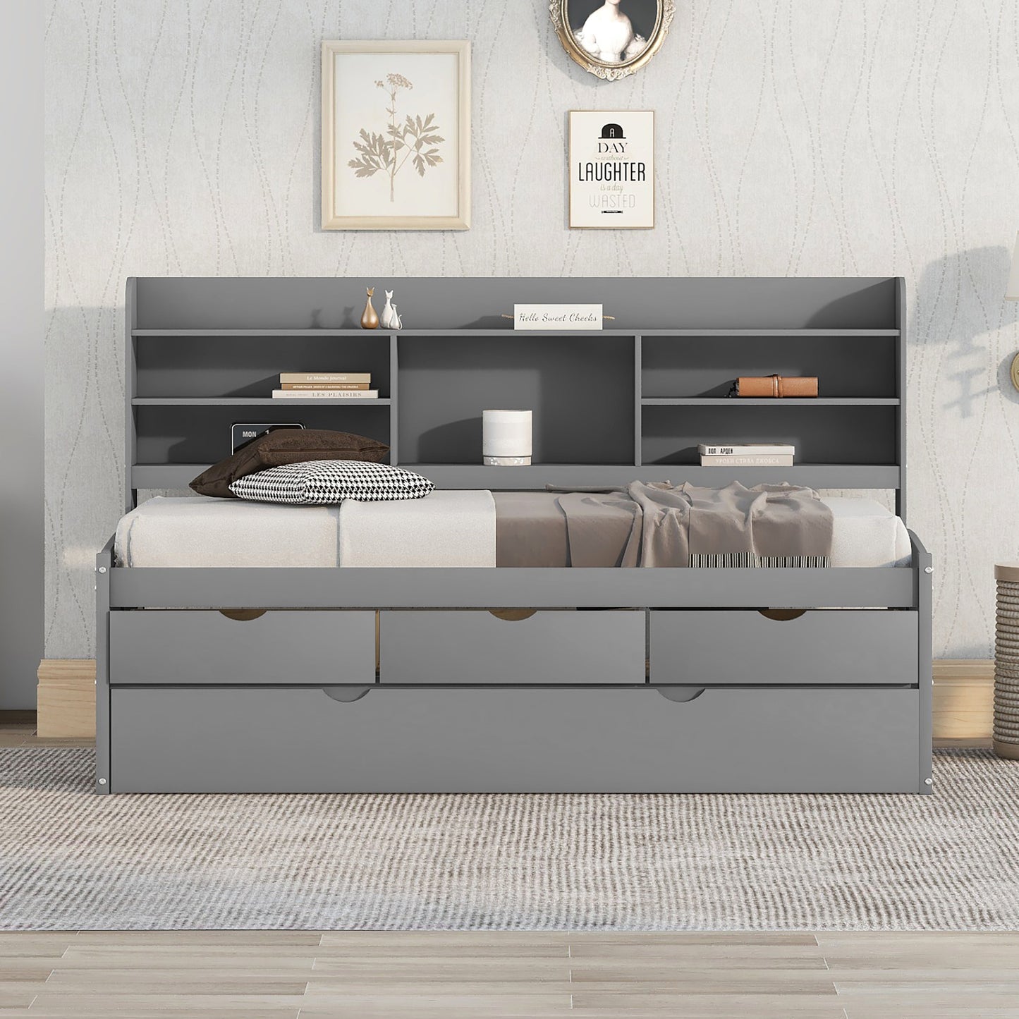 Twin Size Wooden Captain Bed with Built-in Bookshelves,Three Storage Drawers and Trundle,Light Grey