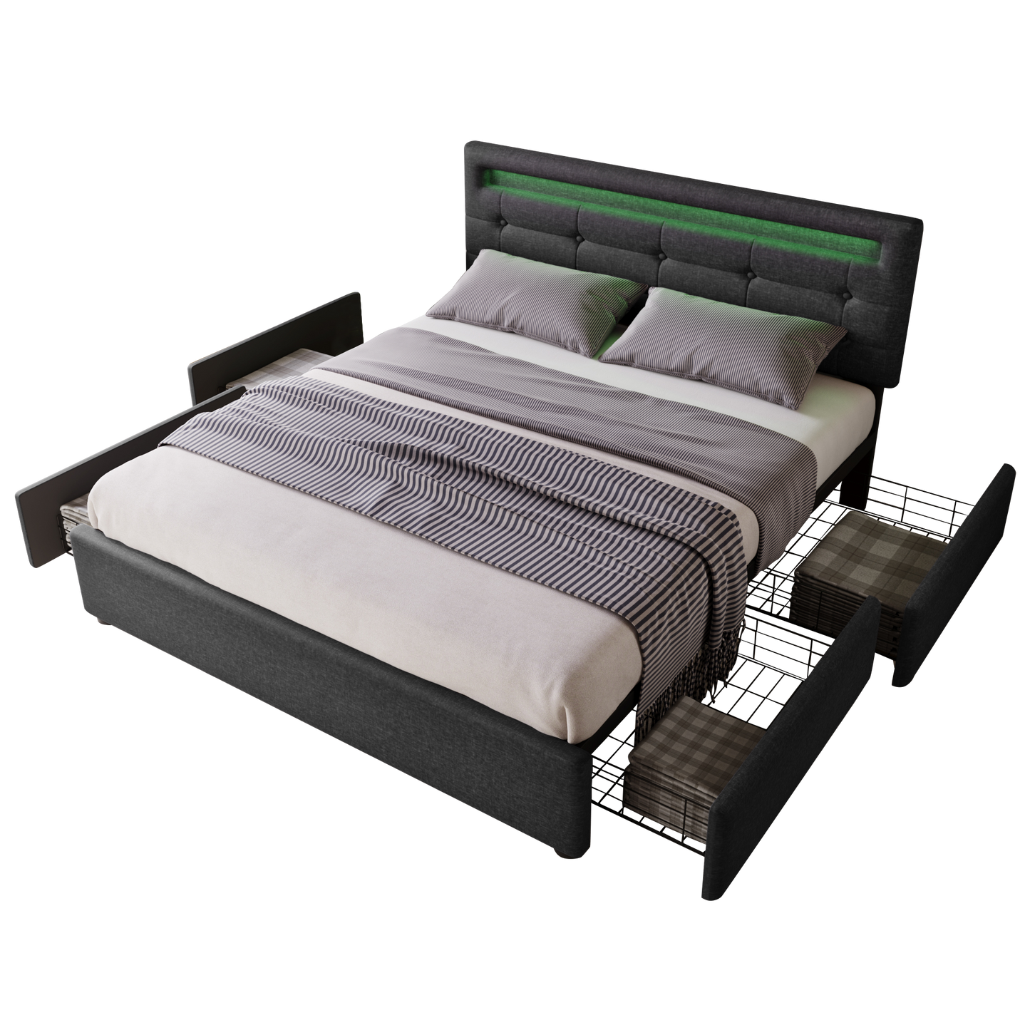 Bed Frame Full Size, Upholstered Platform Bed Frame with 4 Storage Drawers and LED Lights & Adjustable Headboard,No Box Spring Needed,Grey