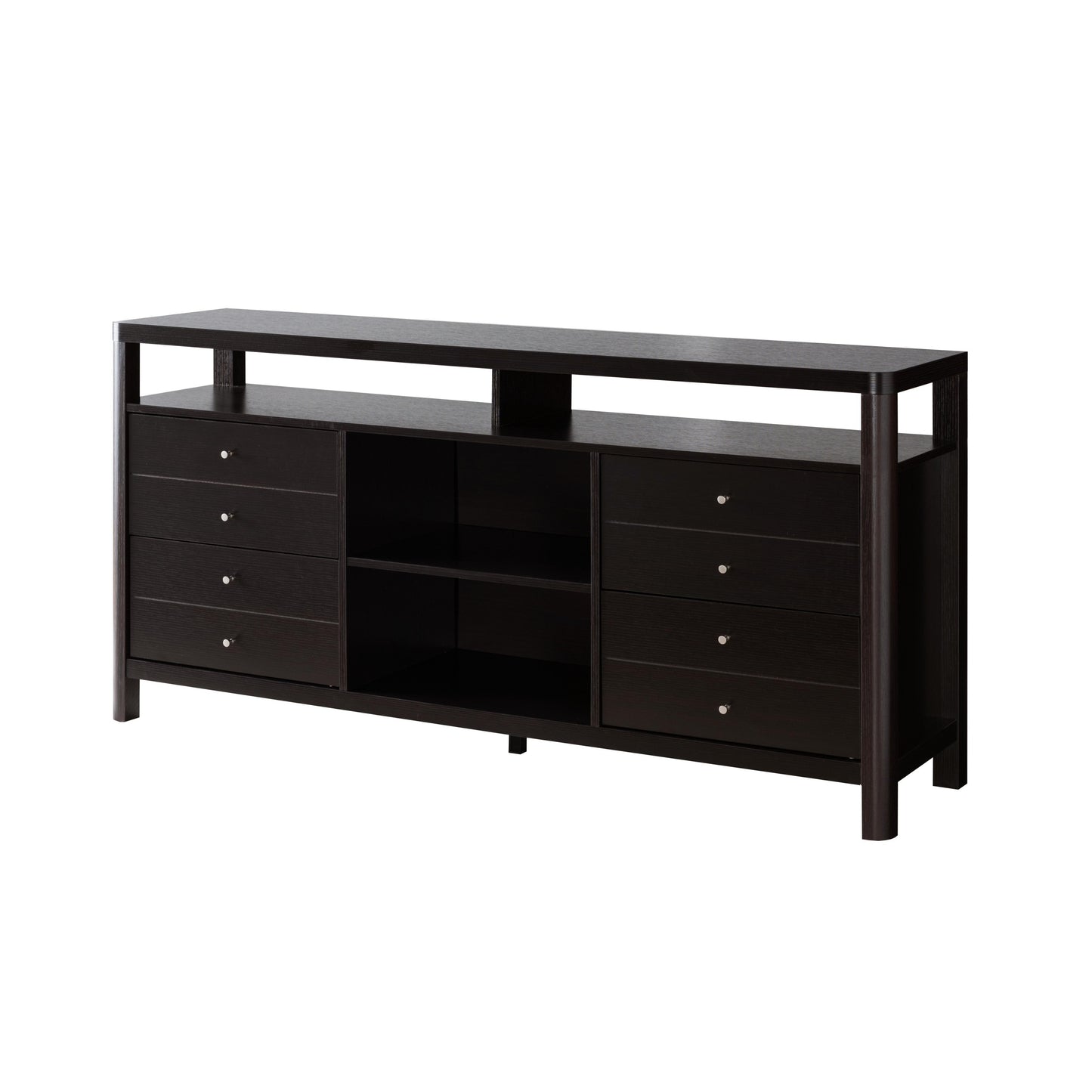 Modern Red Cocoa TV Stand and Buffet with Two-Tier Shelving and Eight Drawers.