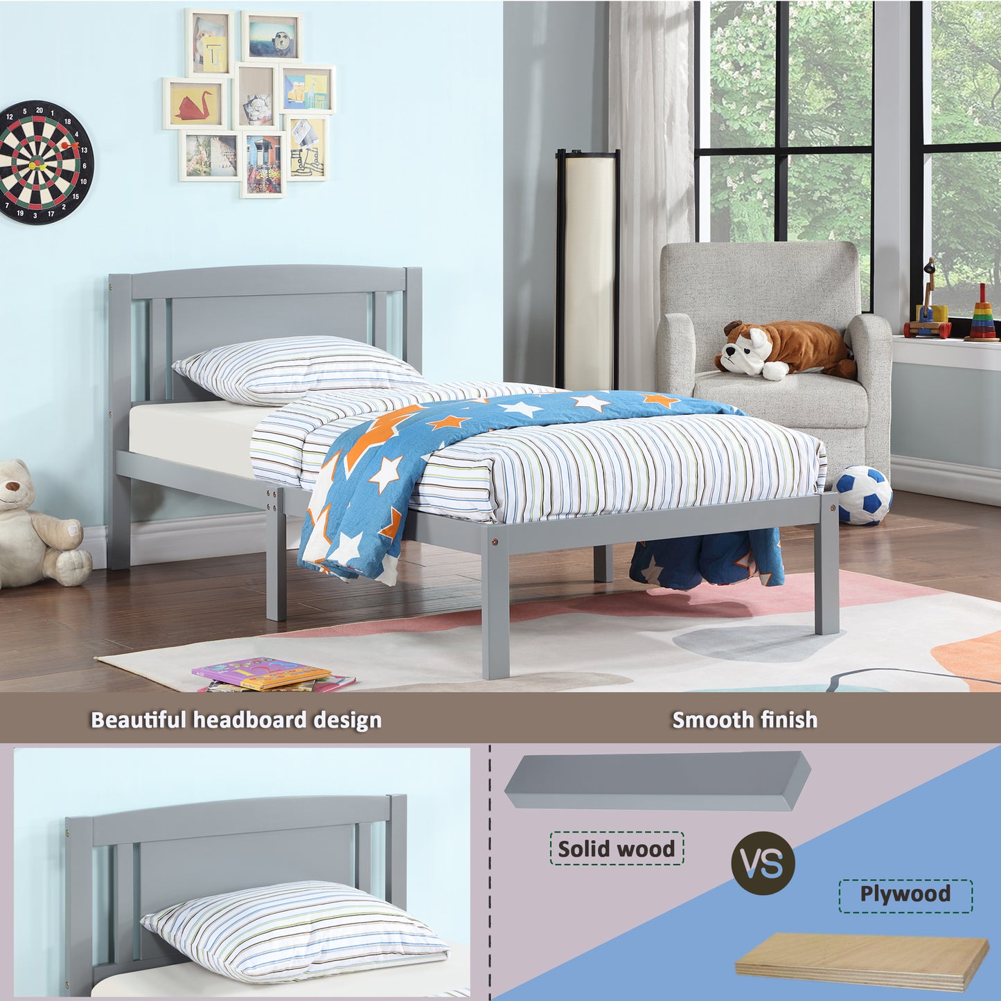 Twin Size Bed, Wood Platform Bed Frame with Headboard For Kids, Slatted, Gray