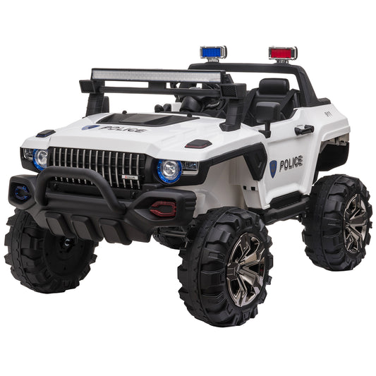 Aosom Big Size 53"L 2-Seater 12V Police Car Ride-on Truck with Remote Control and Siren, Battery-Operated Electric Car for Kids with Suspension, MP3 Player, Lights, Music, Horn, White