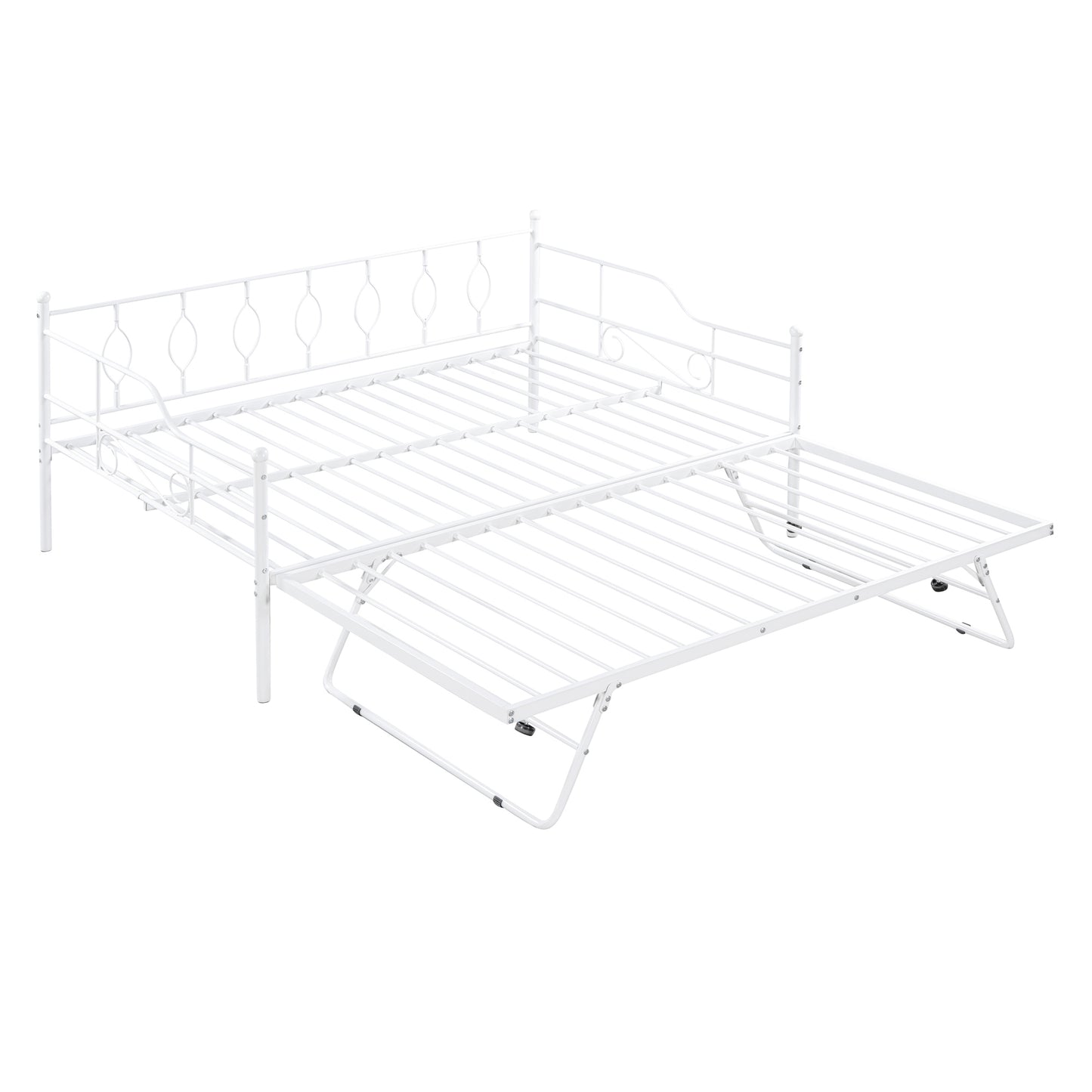 Full Size Metal Daybed with Twin Size Adjustable Trundle, Portable Folding Trundle, White(OLC SKU:MF293730AAK)