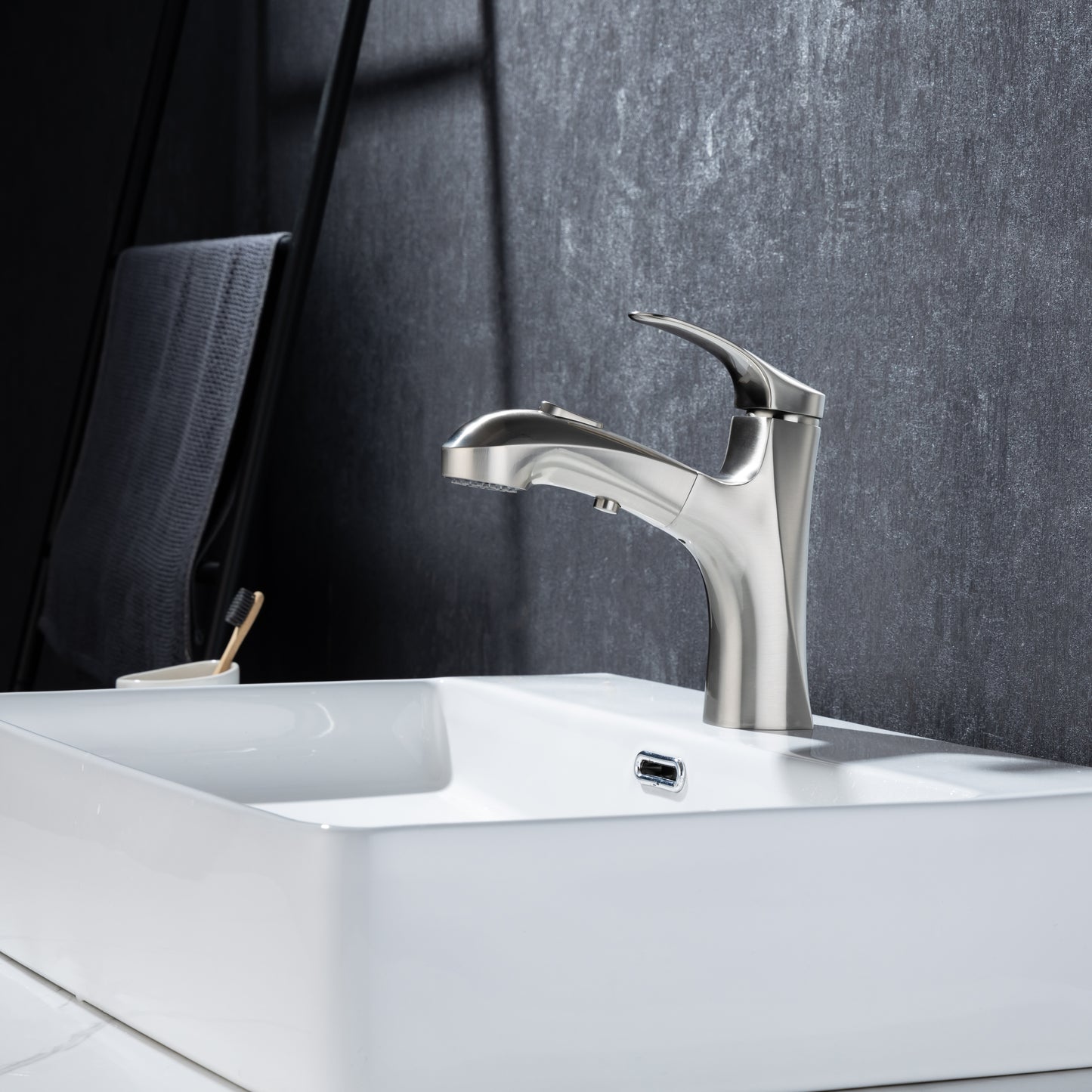 Modern Brushed Nickel Bathroom Faucet with Pull Out Sprayer and Single Handle