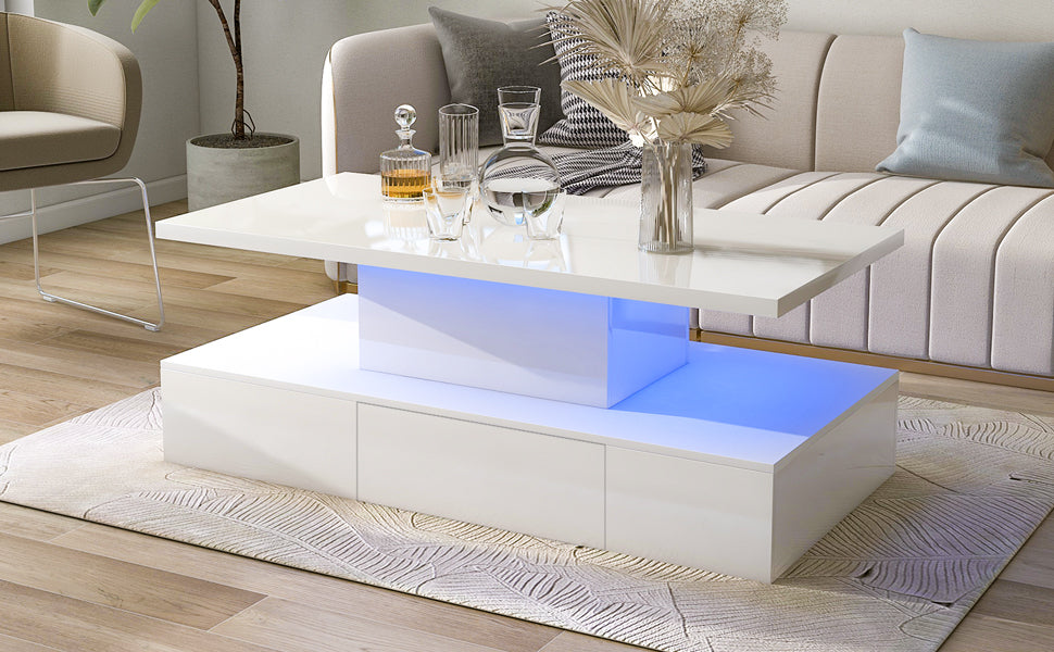 Luxurious White Coffee Table with LED Lighting and Drawer