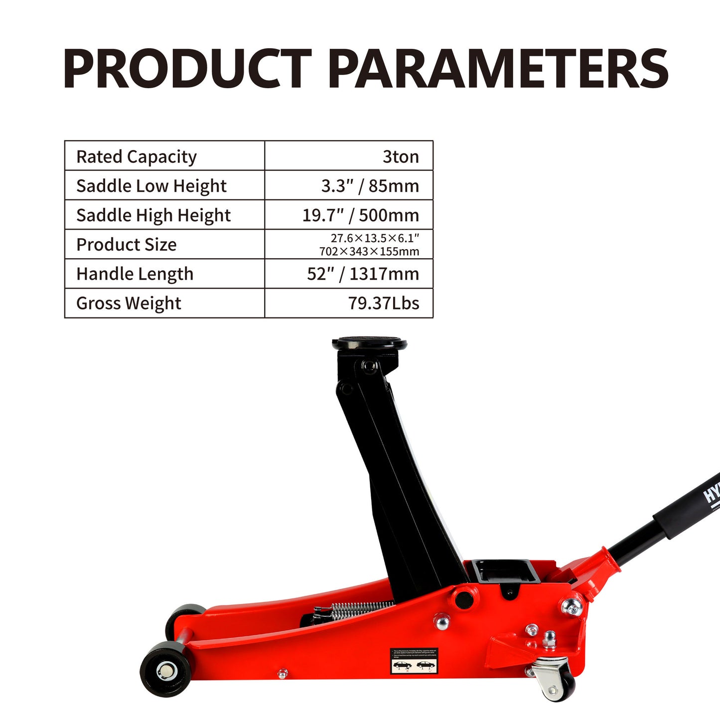 Ultra-Low Profile Dual Piston Hydraulic Car Jack, Red and Black, 3 Ton Capacity, Lifting Range 3.3-19.7