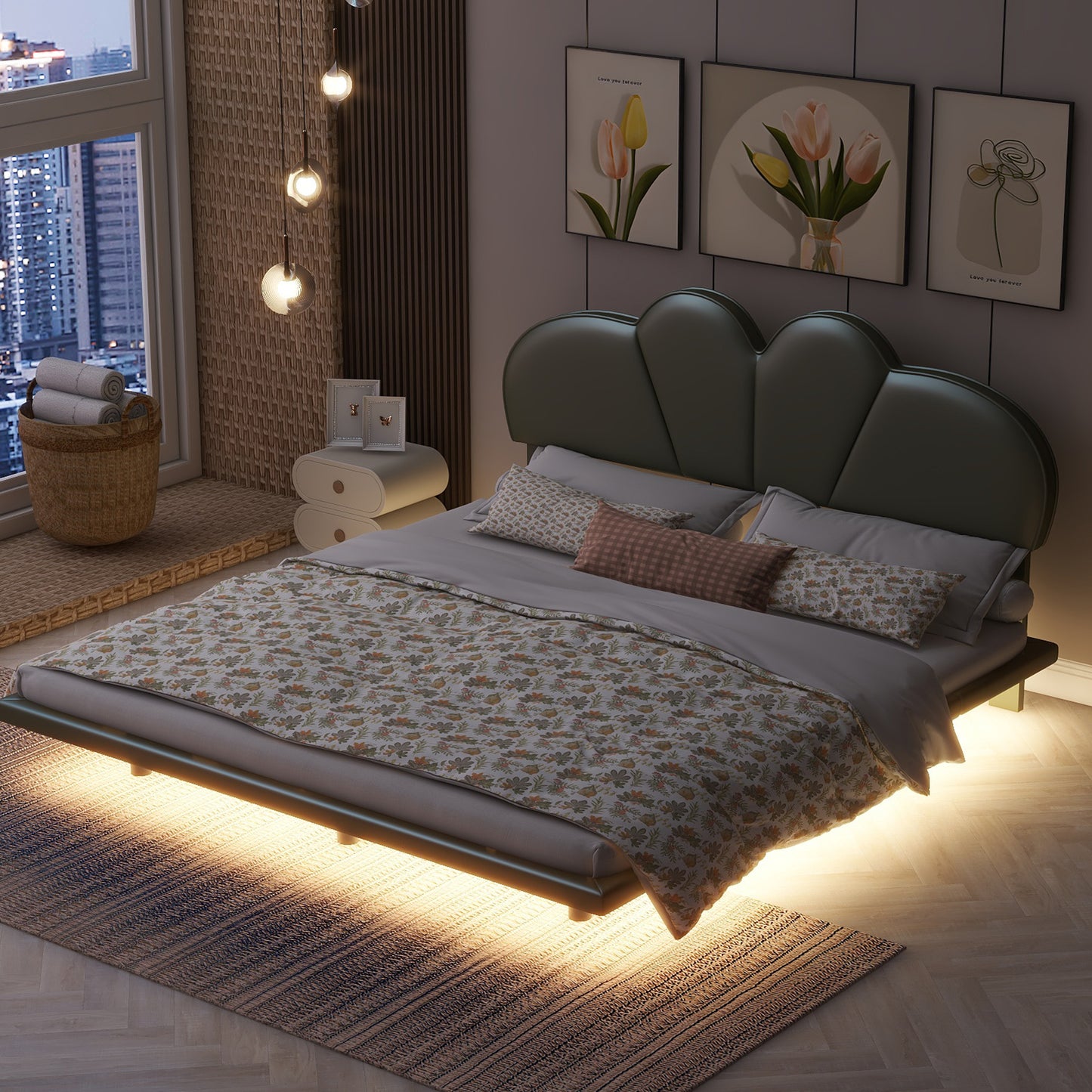 Queen Size Upholstery LED Floating Bed with PU Leather Headboard and Support Legs,Green