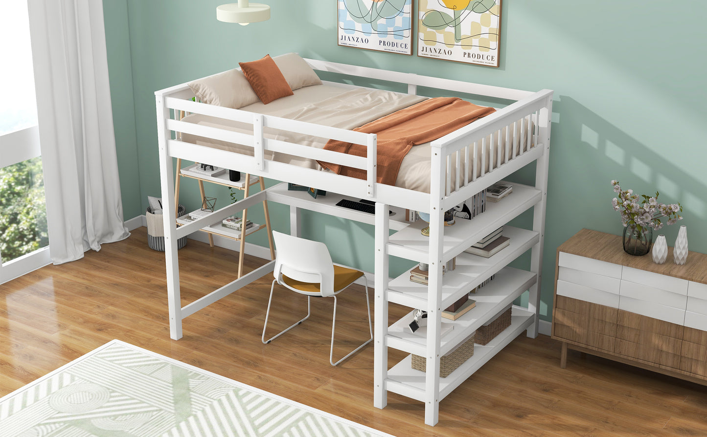 Full Size Loft Bed with Storage Shelves and Under-bed Desk, White